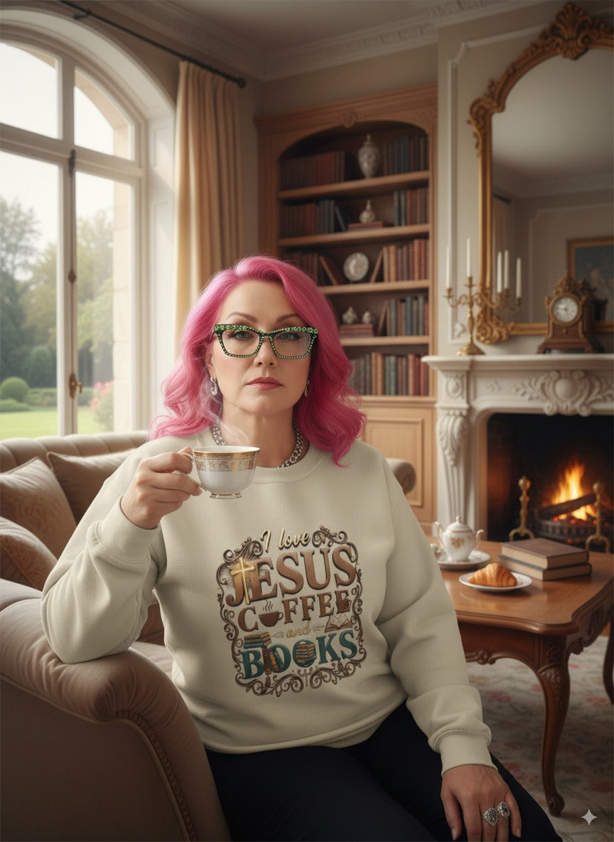 Love Jesus, Coffee & Books Sweatshirt | Christian Unisex Crewneck, Cozy Faith Gift