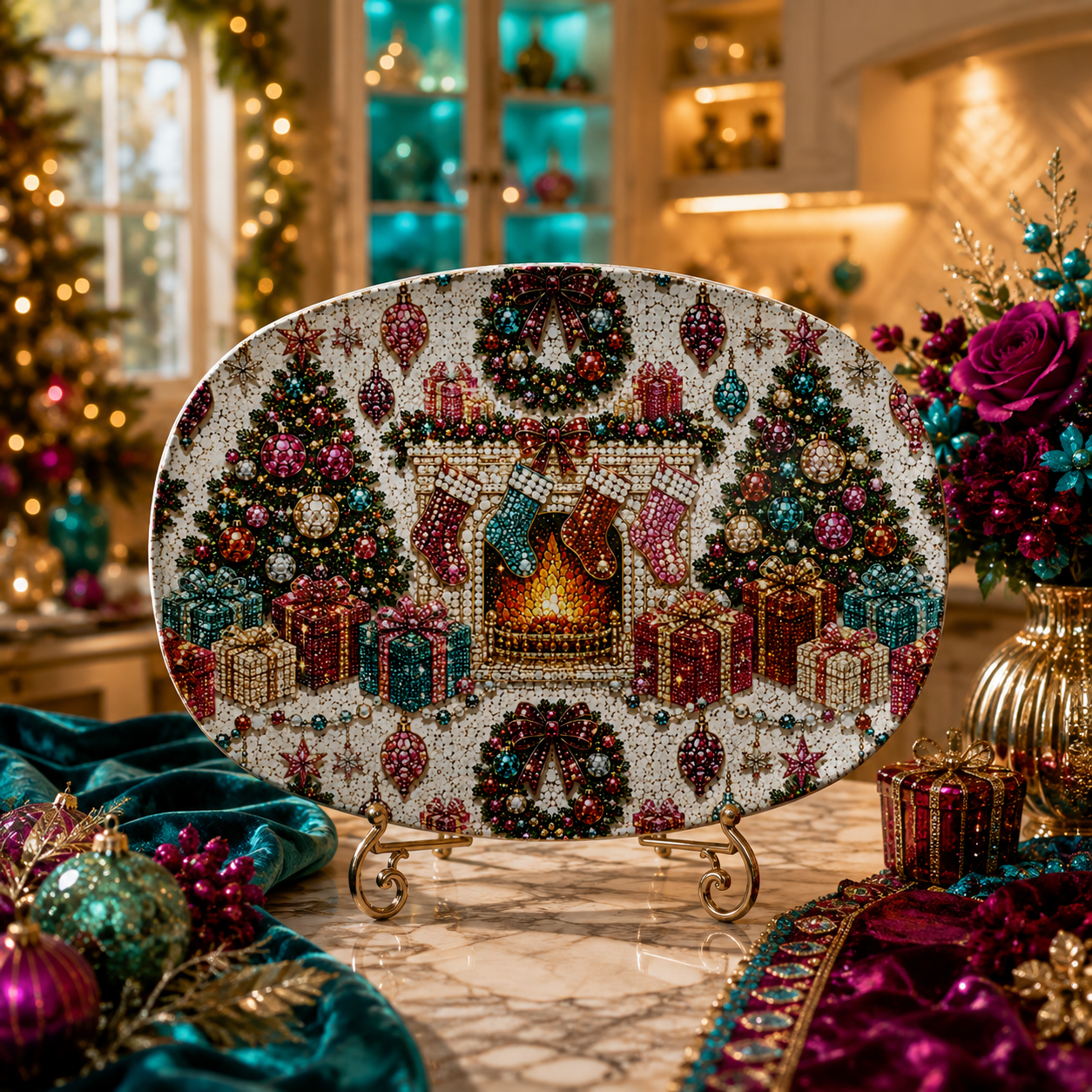 Faux Rhinestone Christmas Serving Platter, 10x14 Sparkling Holiday Table Decor