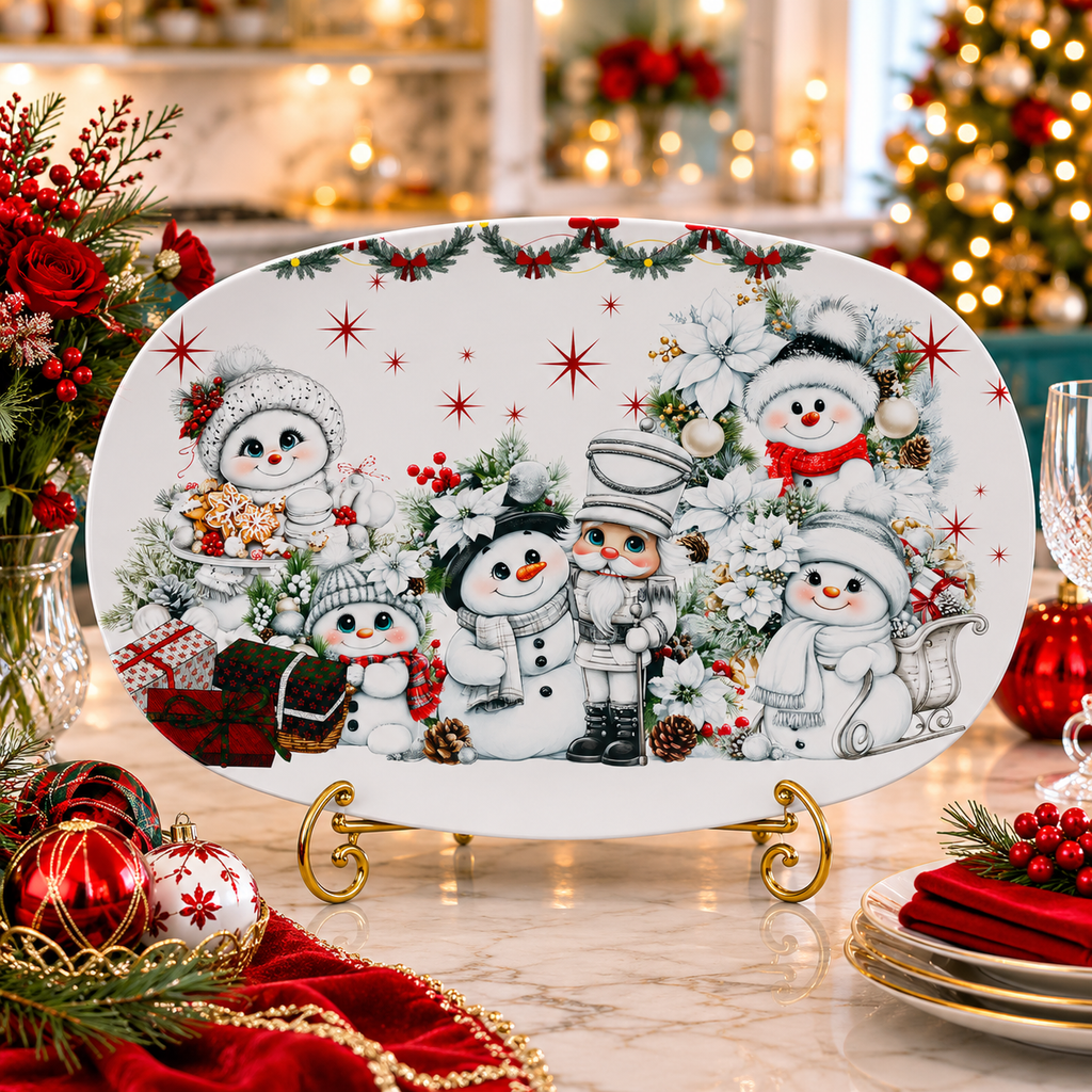 Whimsical Christmas Snowman Village Serving Platter, 10x14 Nutcracker Holiday Table Decor