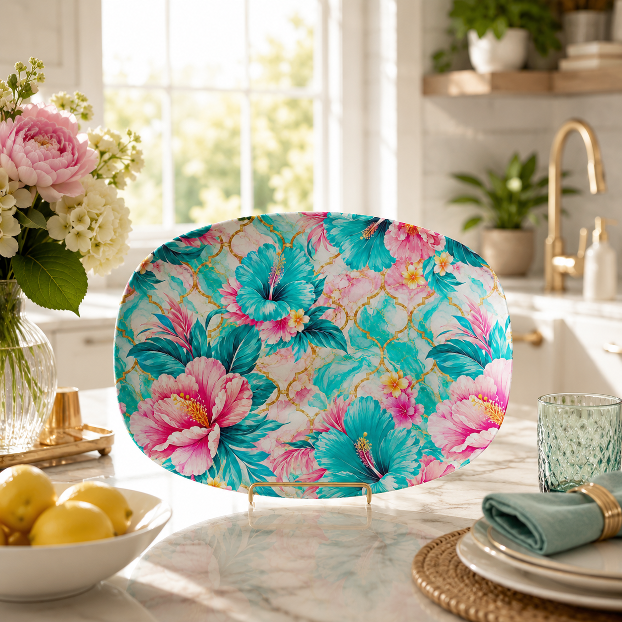 Pink Flower Serving Platter 10x14 Gift Home Decor Lightweight Polymer