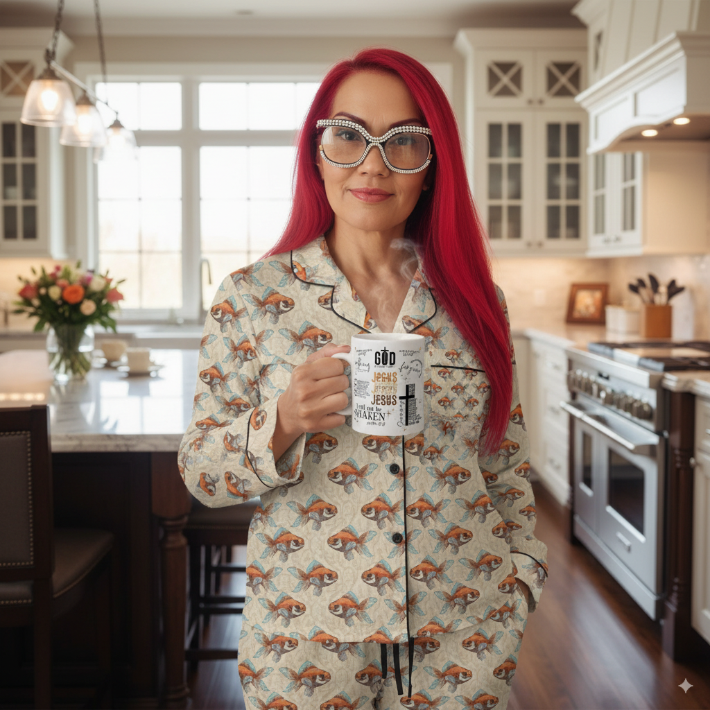 Women’s Luxury Satin Pajama Set – Telescope Goldfish Print Sleepwear Perfect Gift