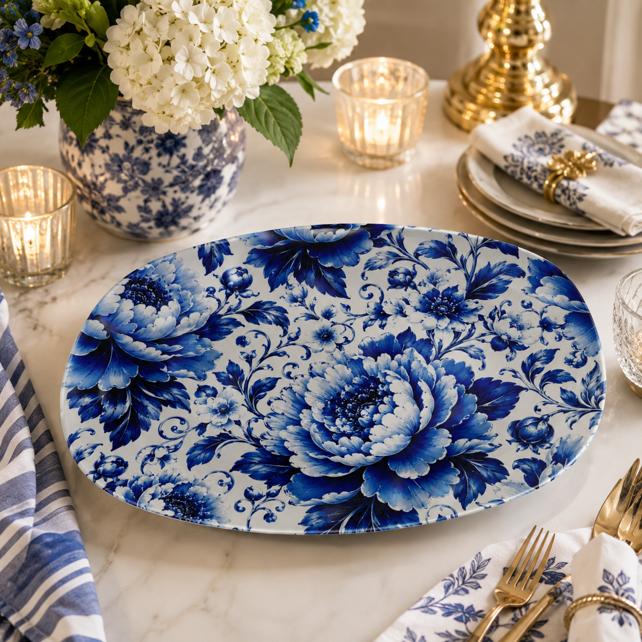 Luxury Blue & White Chinoiserie Peony Serving Platter | Elegant Table Decor