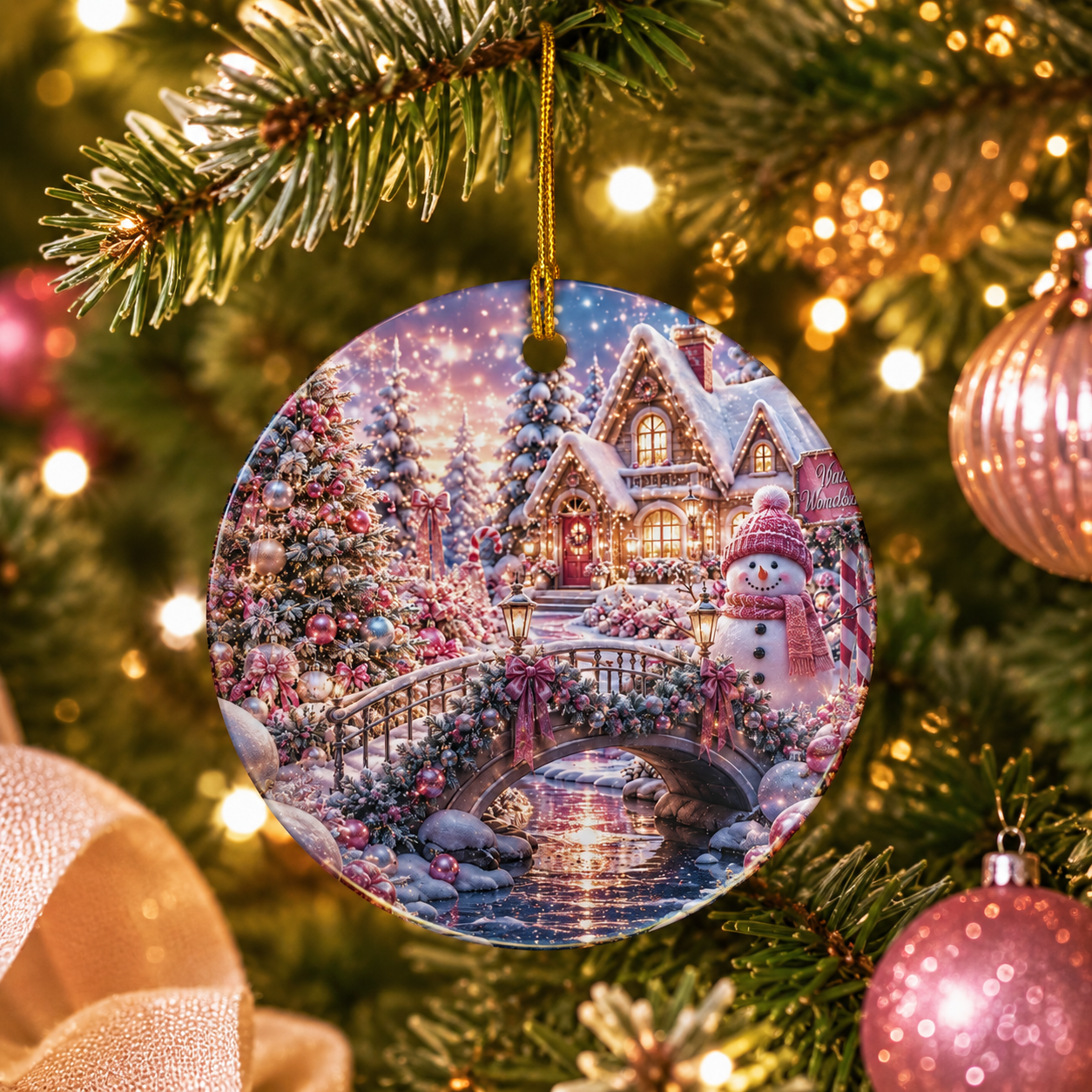Christmas Snowy Cottage Ceramic Ornament — Round Holiday Tree Decoration Winter Wonder