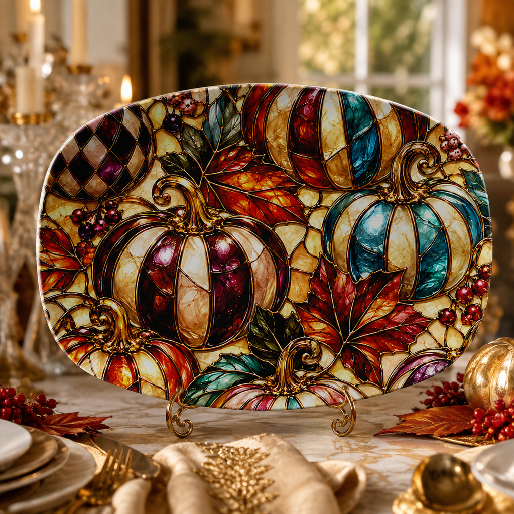Faux Stained Glass Pumpkin Serving Platter, 10x14 Fall Thanksgiving & Autumn Table Decor