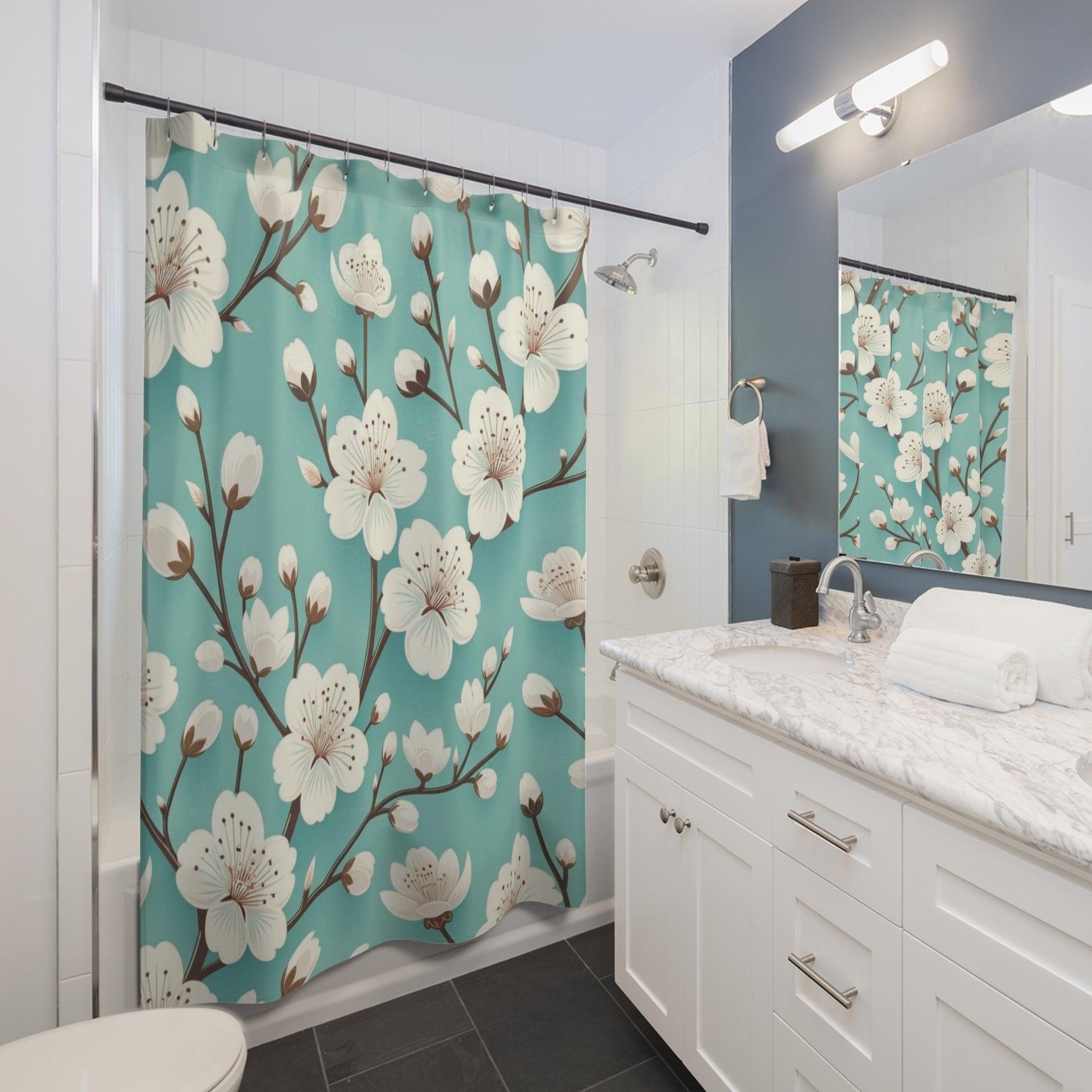New House White Cherry Blossom Turquoise Shower Curtain Elegant, Seamless Design for Modern Bathroom Decor | Perfect Home Update Functionality for Your Bathroom Decor 71x74 Bathroom Housewarming New House Gift Newlywed Wedding Gift - MRSBYVALLE