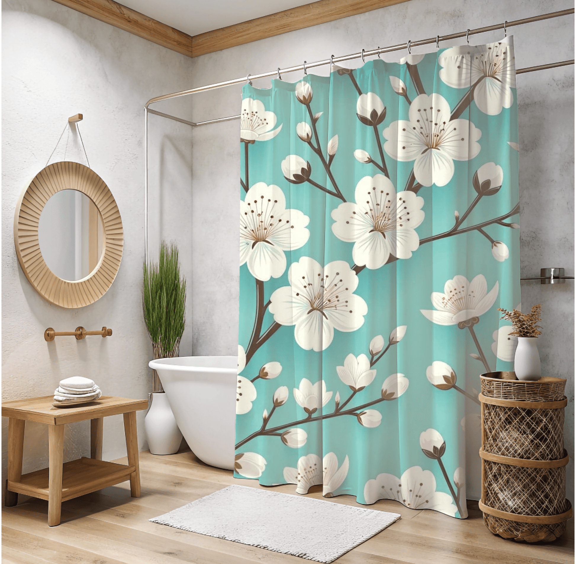 New House White Cherry Blossom Turquoise Shower Curtain Elegant, Seamless Design for Modern Bathroom Decor | Perfect Home Update Functionality for Your Bathroom Decor 71x74 Bathroom Housewarming New House Gift Newlywed Wedding Gift - MRSBYVALLE