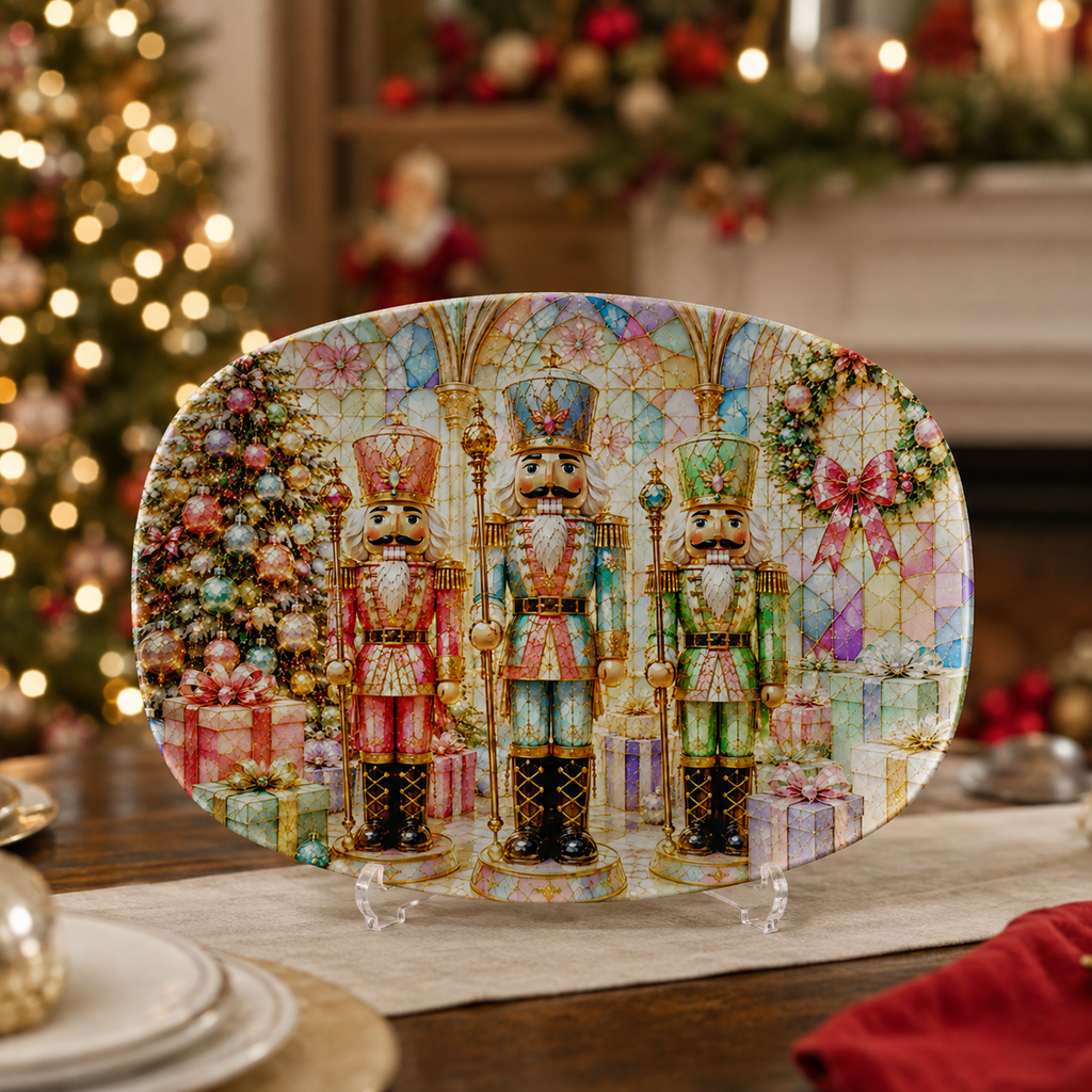 Nutcracker Christmas Stained Glass Illusion Serving Platter | Enchanted Holiday Nutcracker Decorative Platter