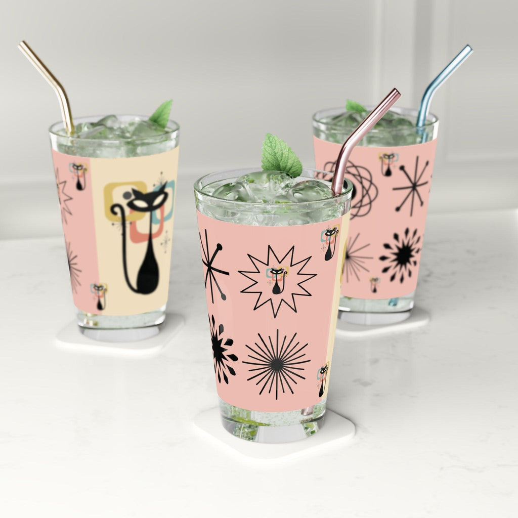 Pink and Yellow Retro Atomic Cat 16oz Pint Glass Kitschy Cat Pint Glass for Every Sip Atomic Cat Art Gifts, Party Drinkware, Cocktail - MRSBYVALLE