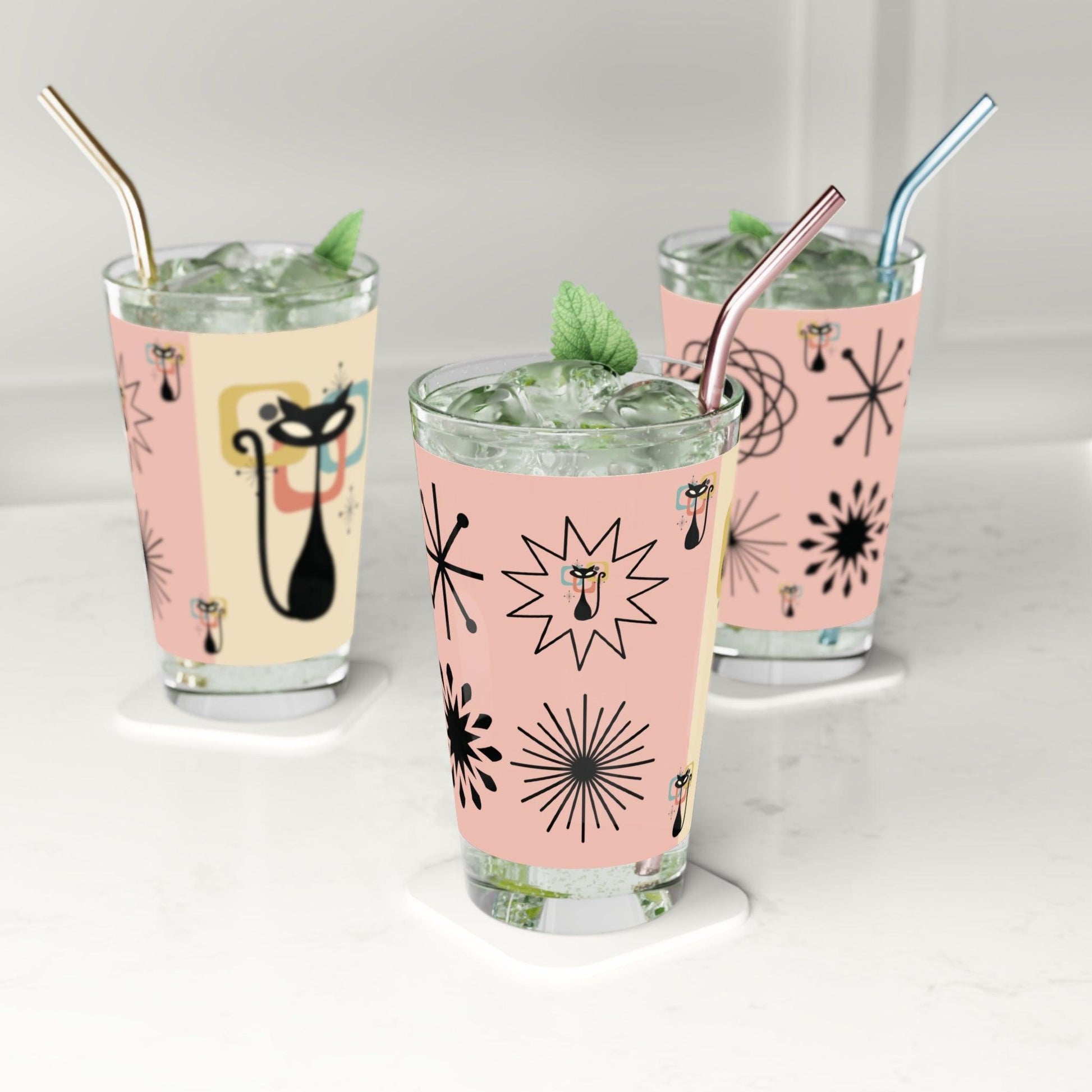 Pink and Yellow Retro Atomic Cat 16oz Pint Glass Kitschy Cat Pint Glass for Every Sip Atomic Cat Art Gifts, Party Drinkware, Cocktail - MRSBYVALLE