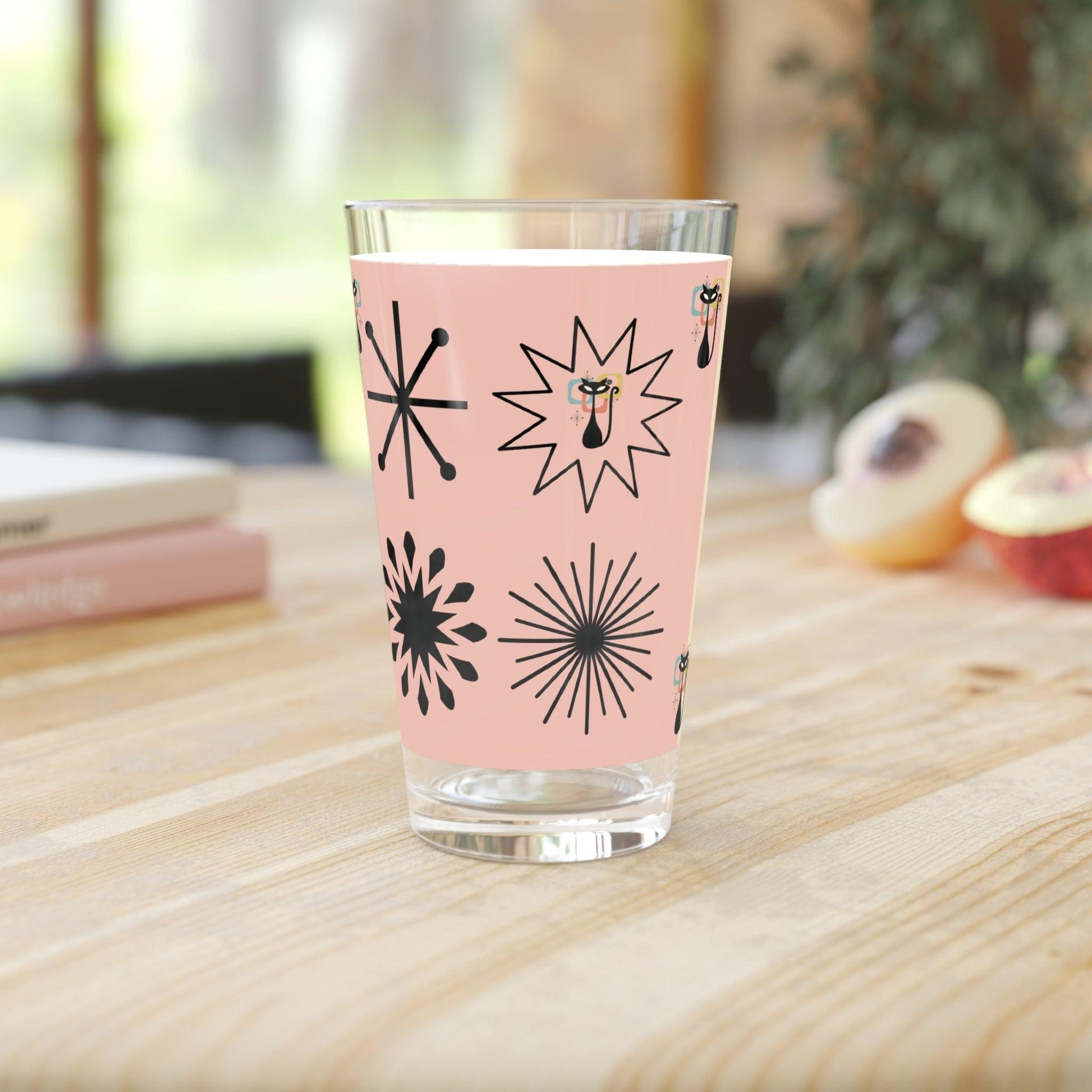 Pink and Yellow Retro Atomic Cat 16oz Pint Glass Kitschy Cat Pint Glass for Every Sip Atomic Cat Art Gifts, Party Drinkware, Cocktail - MRSBYVALLE