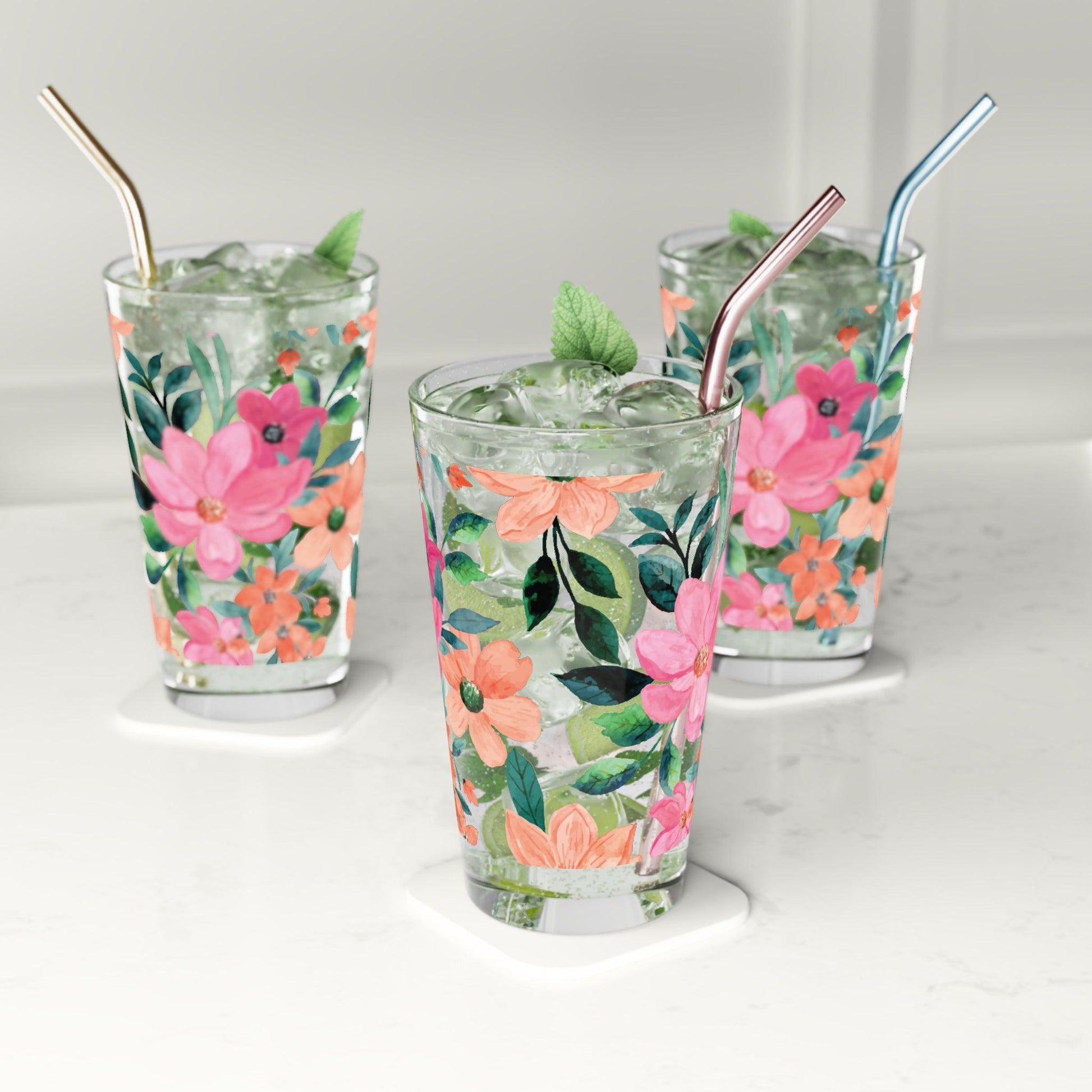 Pink Orange Watercolor Pastel Floral 16oz Pint Glass Gifts, Party Drinkware, Cocktail, Wedding Perfect for Parties Glassware, New House Gift - MRSBYVALLE