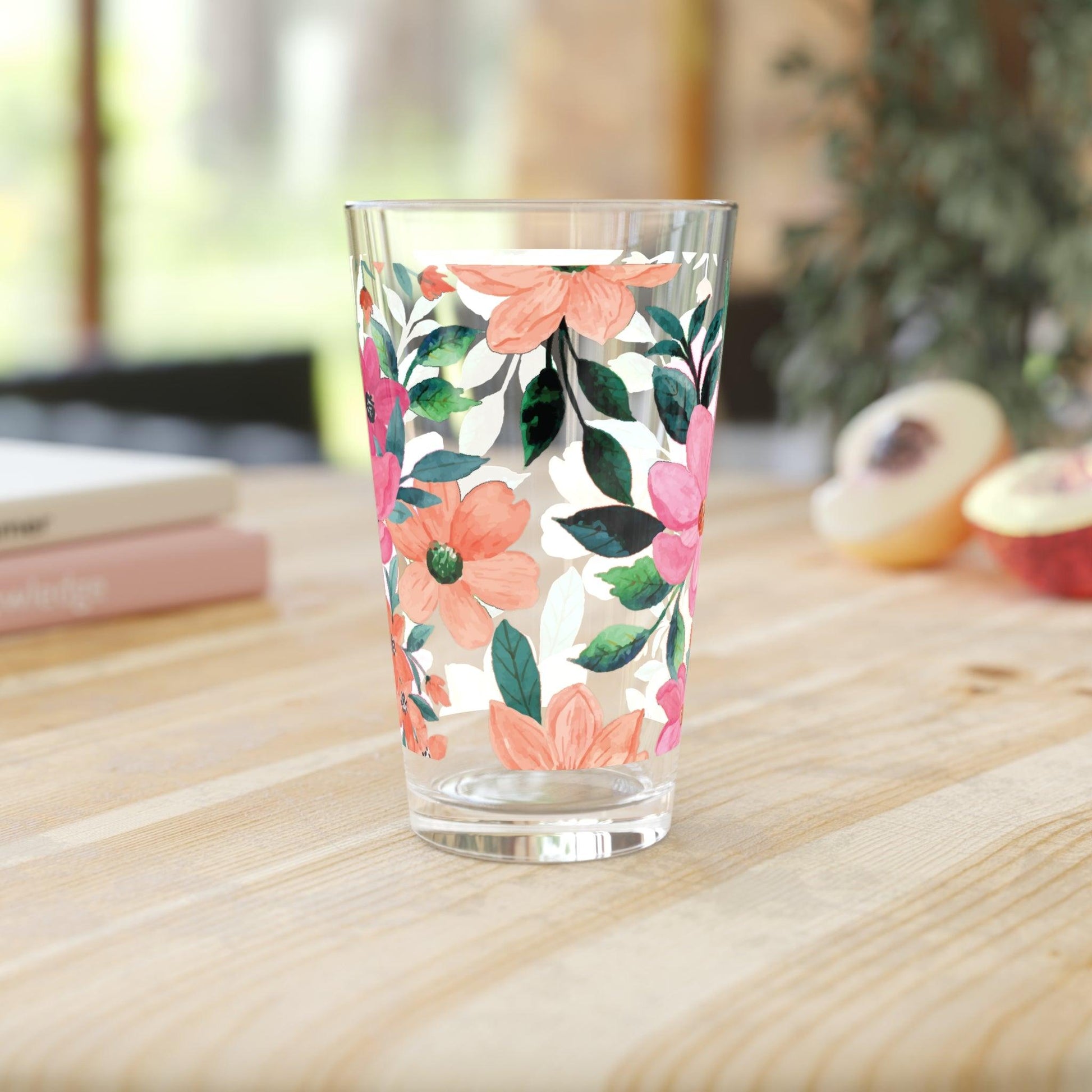Pink Orange Watercolor Pastel Floral 16oz Pint Glass Gifts, Party Drinkware, Cocktail, Wedding Perfect for Parties Glassware, New House Gift - MRSBYVALLE
