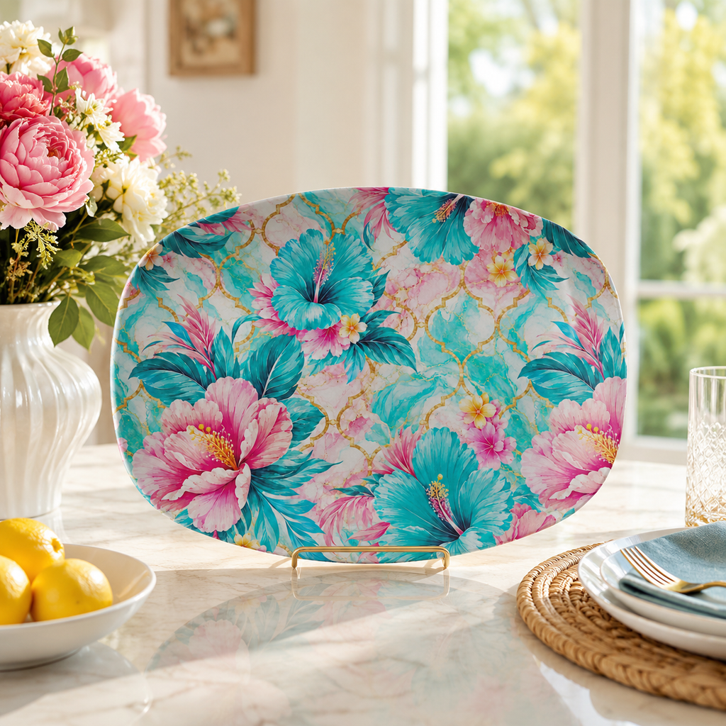 Pink Flower Serving Platter 10x14 Gift Home Decor Lightweight Polymer