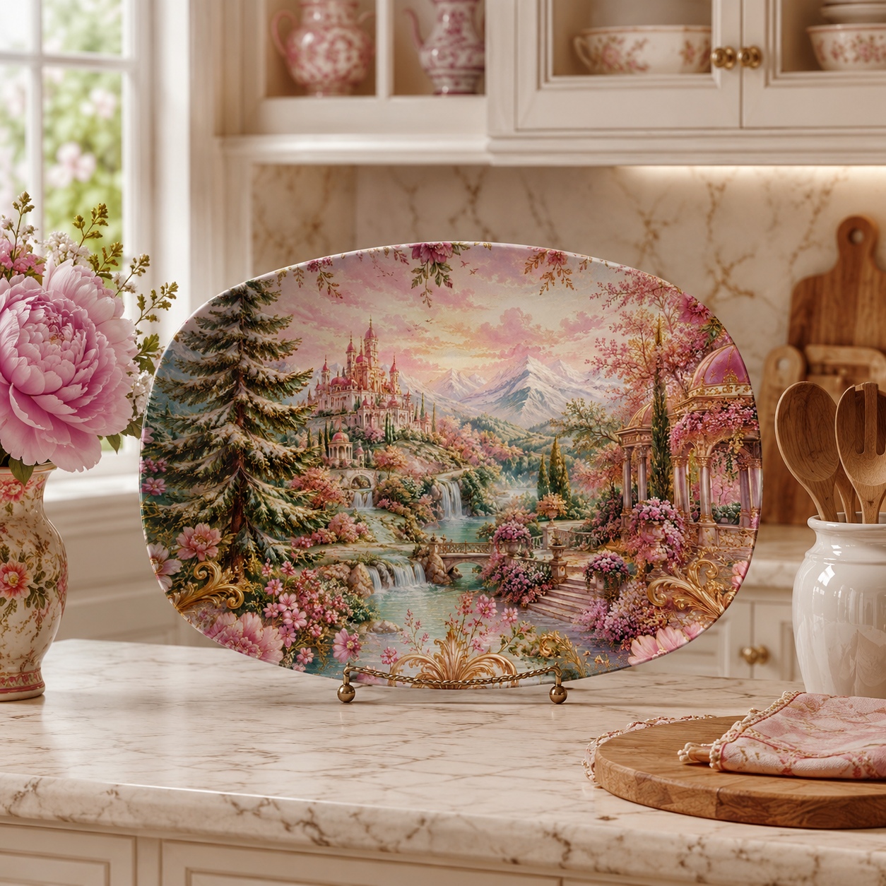Pink Toile Serving Platter for the Woman Who Loves a Romantic Table | Rose Garden 10x14 French Country Hostess Gift
