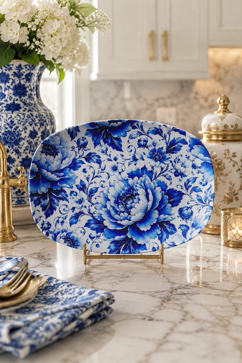 Luxury Blue & White Chinoiserie Peony Serving Platter | Elegant Table Decor