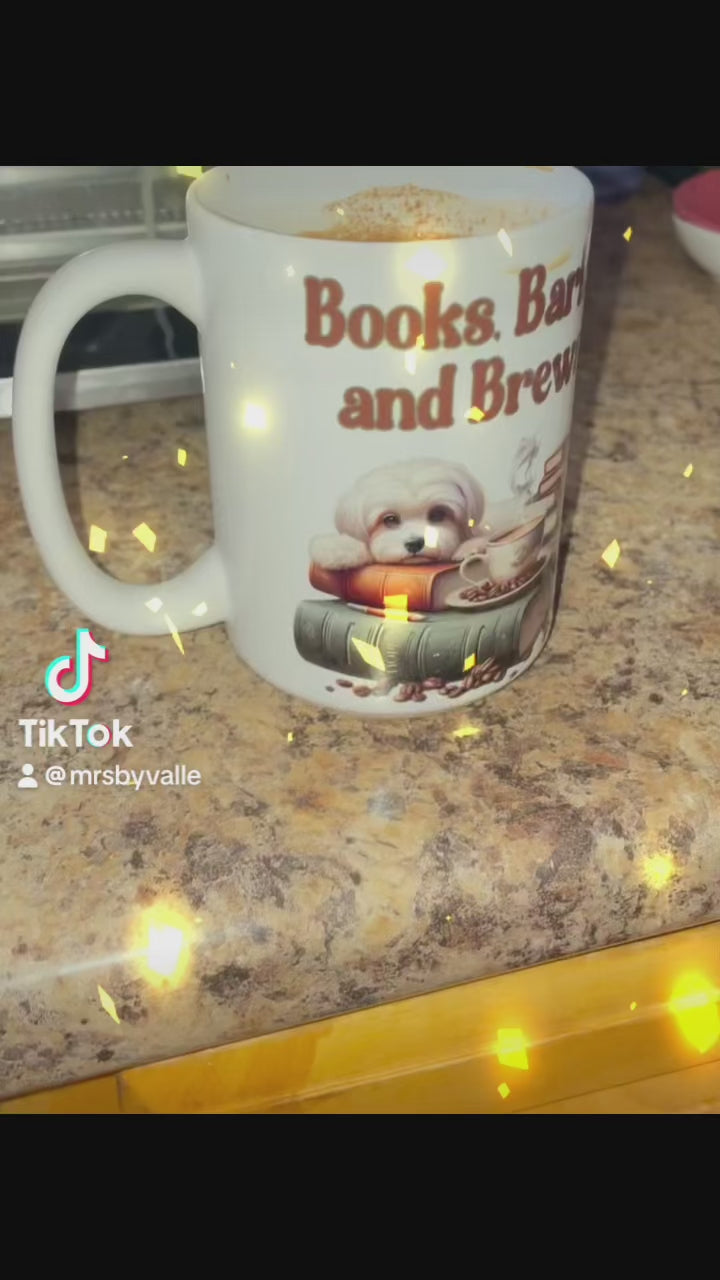 Books, Barks, and Brew Ceramic Coffee Mug Perfect for Dog Lovers and Bookworms | Available in 11 and 15 oz Cozy Coffee Moments with Canine Companions