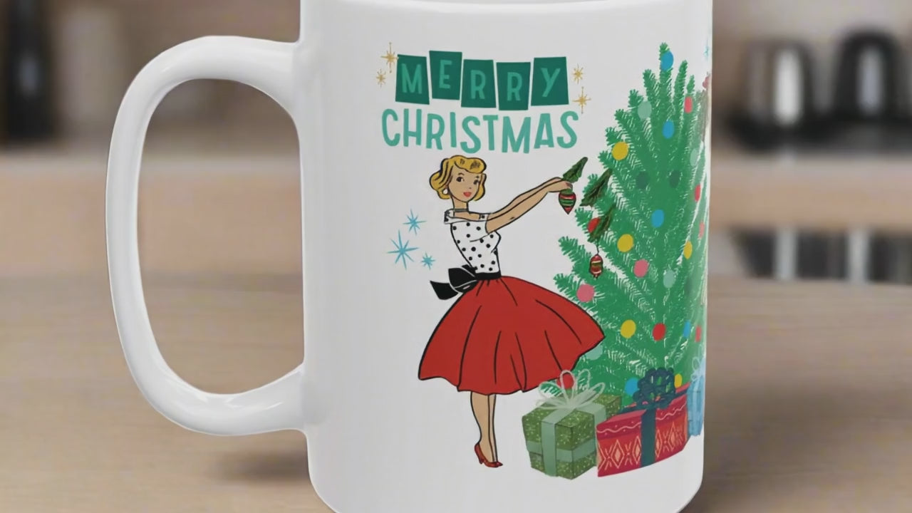 Retro Glam 50s Christmas Mug | Vintage Holiday Coffee Cup, Festive Mid Century Xmas Kitchen Drinkware Gift for Mom