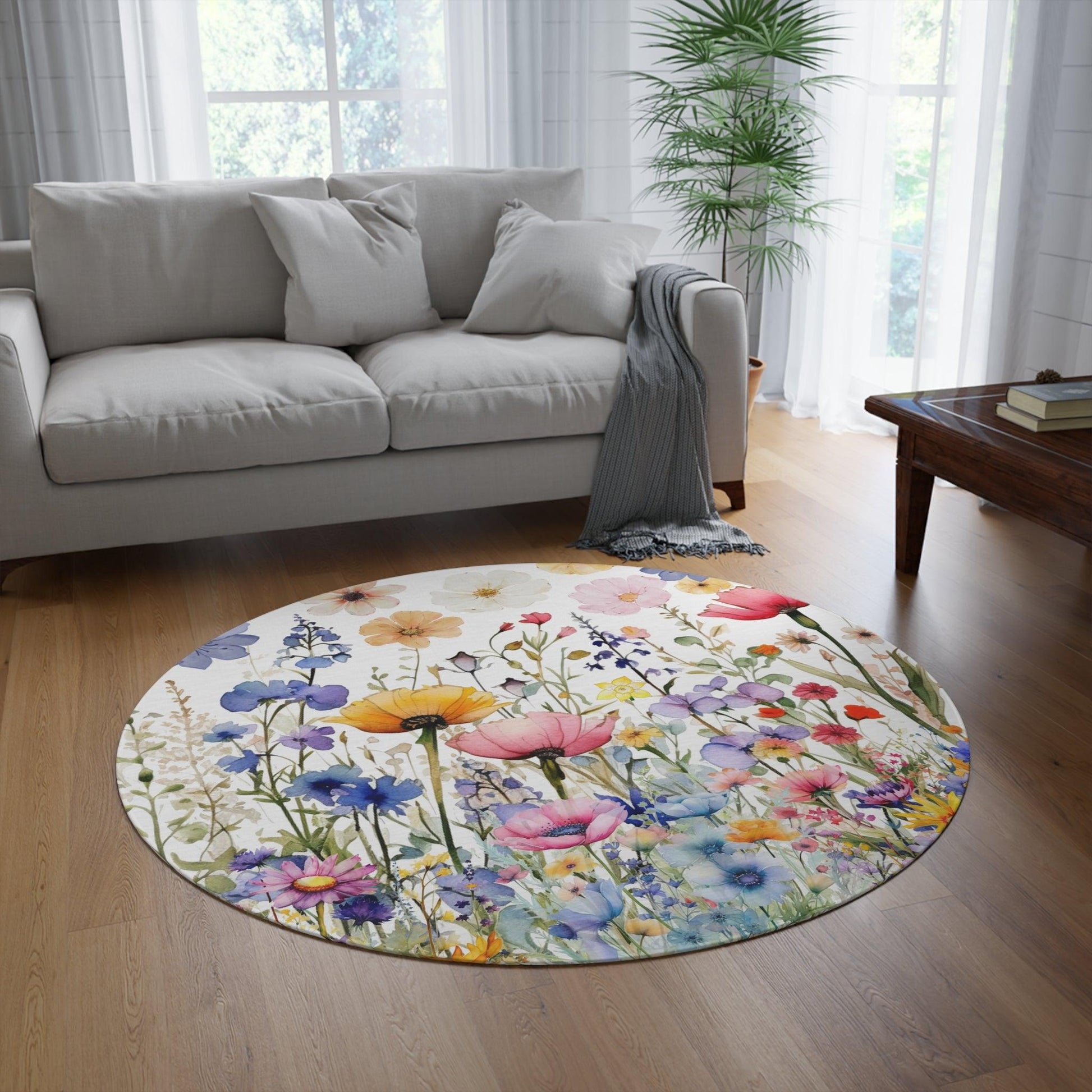 Round Rug Wildflower Touch of Whimsical Nature's Bloom Charm to Your Home Decor, Housewarming Gift Newlywed New House Rug - MRSBYVALLE