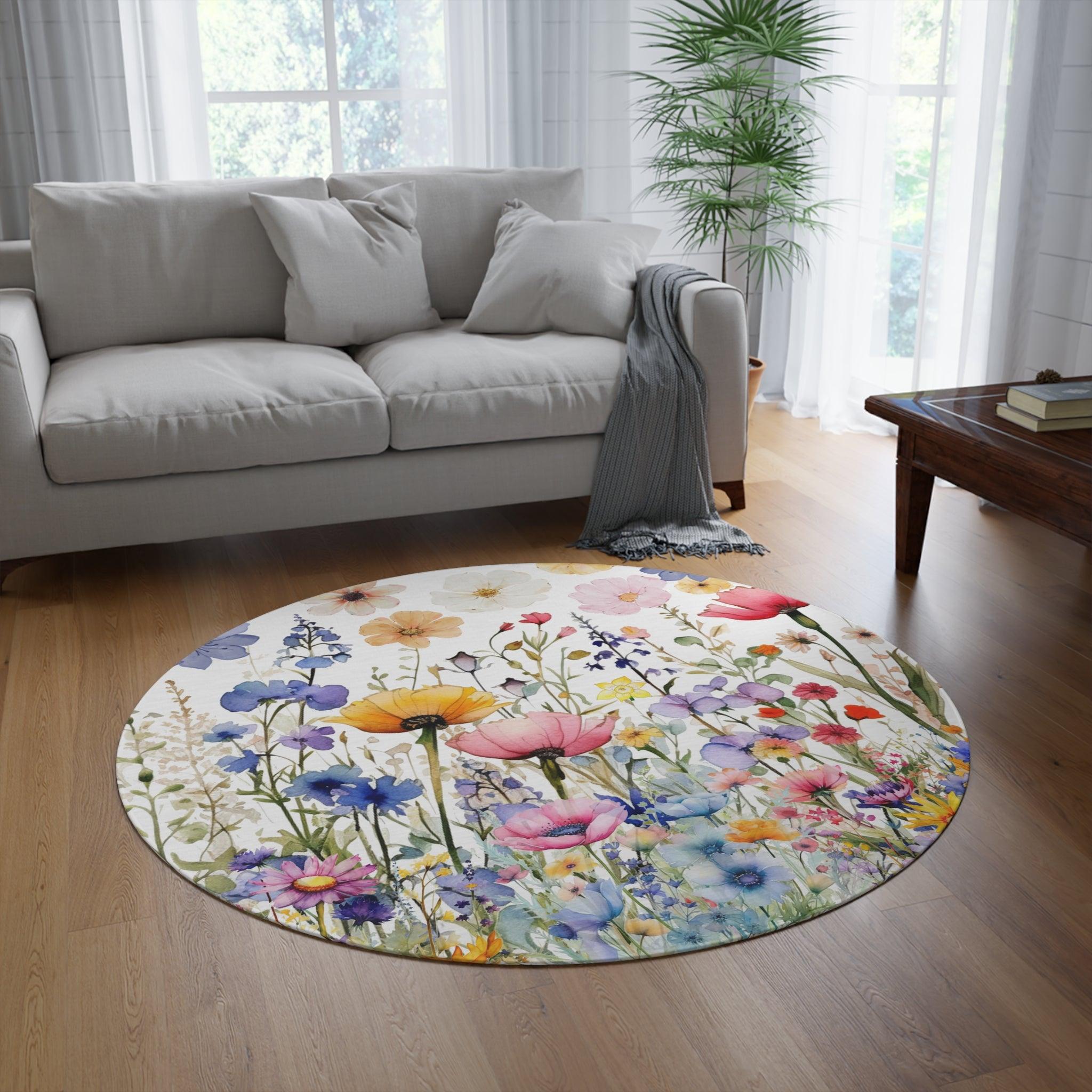 Round Rug Wildflower Touch of Whimsical Nature's Bloom Charm to Your Home Decor, Housewarming Gift Newlywed New House Rug - MRSBYVALLE
