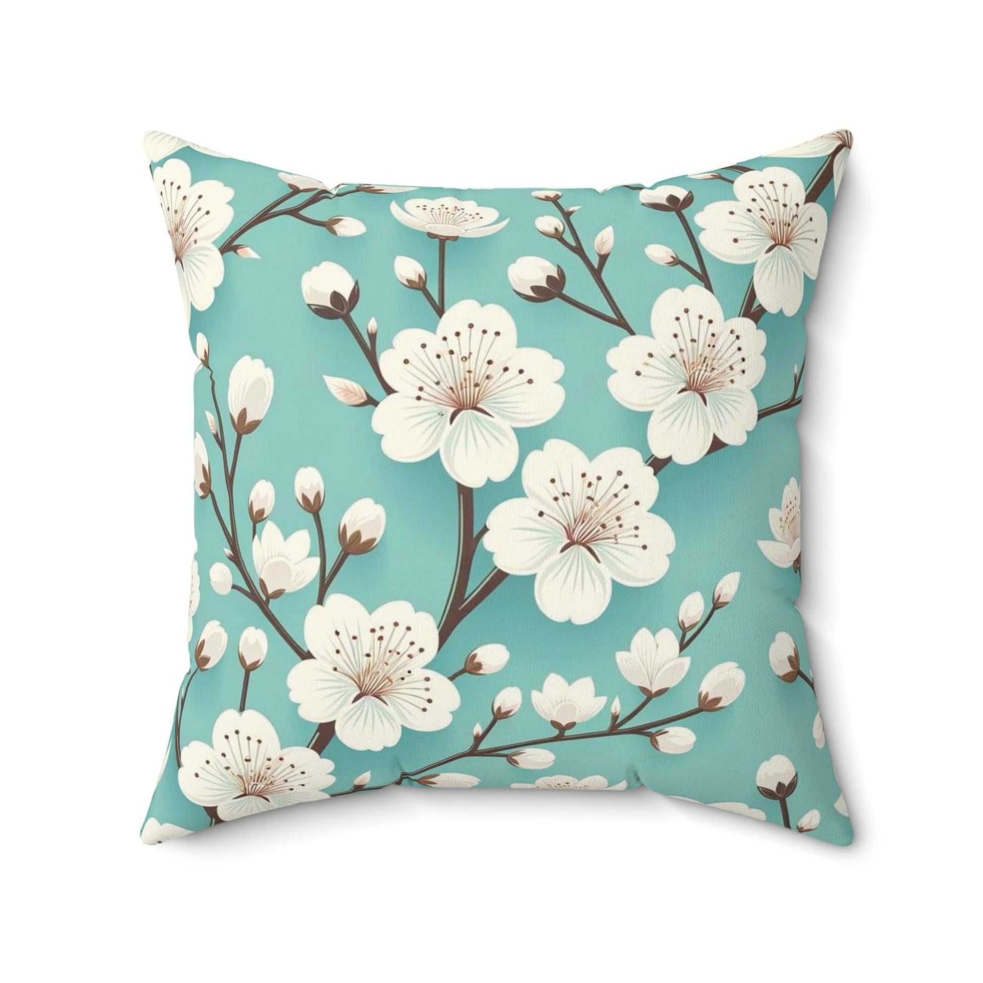 Serene White Cherry Blossom & Turquoise Square Pillow Perfect Modern Home Decor Accent | Soft, Durable Stylish Living Room, Bedroom or Housewarming Gift New House, Bridal Shower Gift - MRSBYVALLE