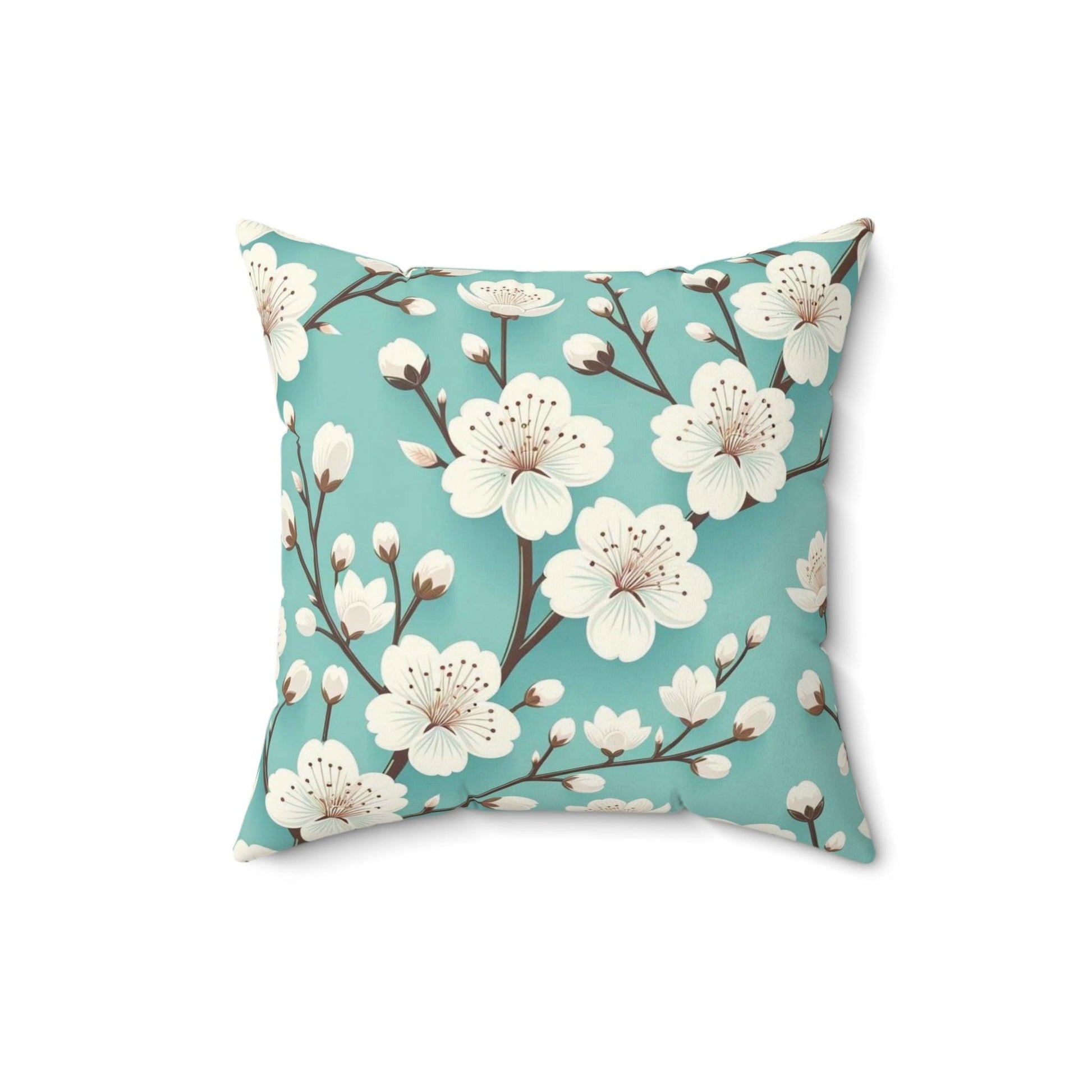 Serene White Cherry Blossom & Turquoise Square Pillow Perfect Modern Home Decor Accent | Soft, Durable Stylish Living Room, Bedroom or Housewarming Gift New House, Bridal Shower Gift - MRSBYVALLE