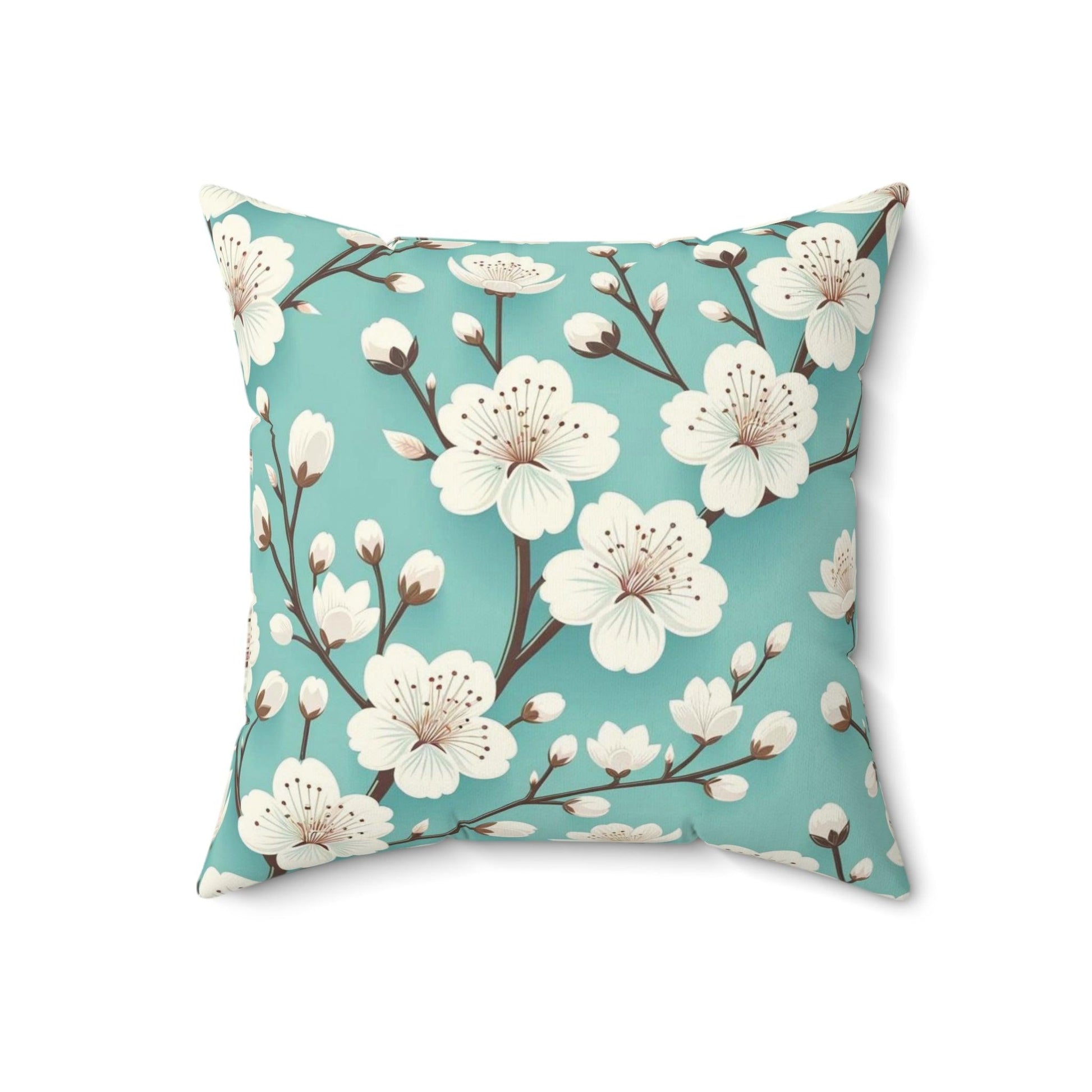 Serene White Cherry Blossom & Turquoise Square Pillow Perfect Modern Home Decor Accent | Soft, Durable Stylish Living Room, Bedroom or Housewarming Gift New House, Bridal Shower Gift - MRSBYVALLE