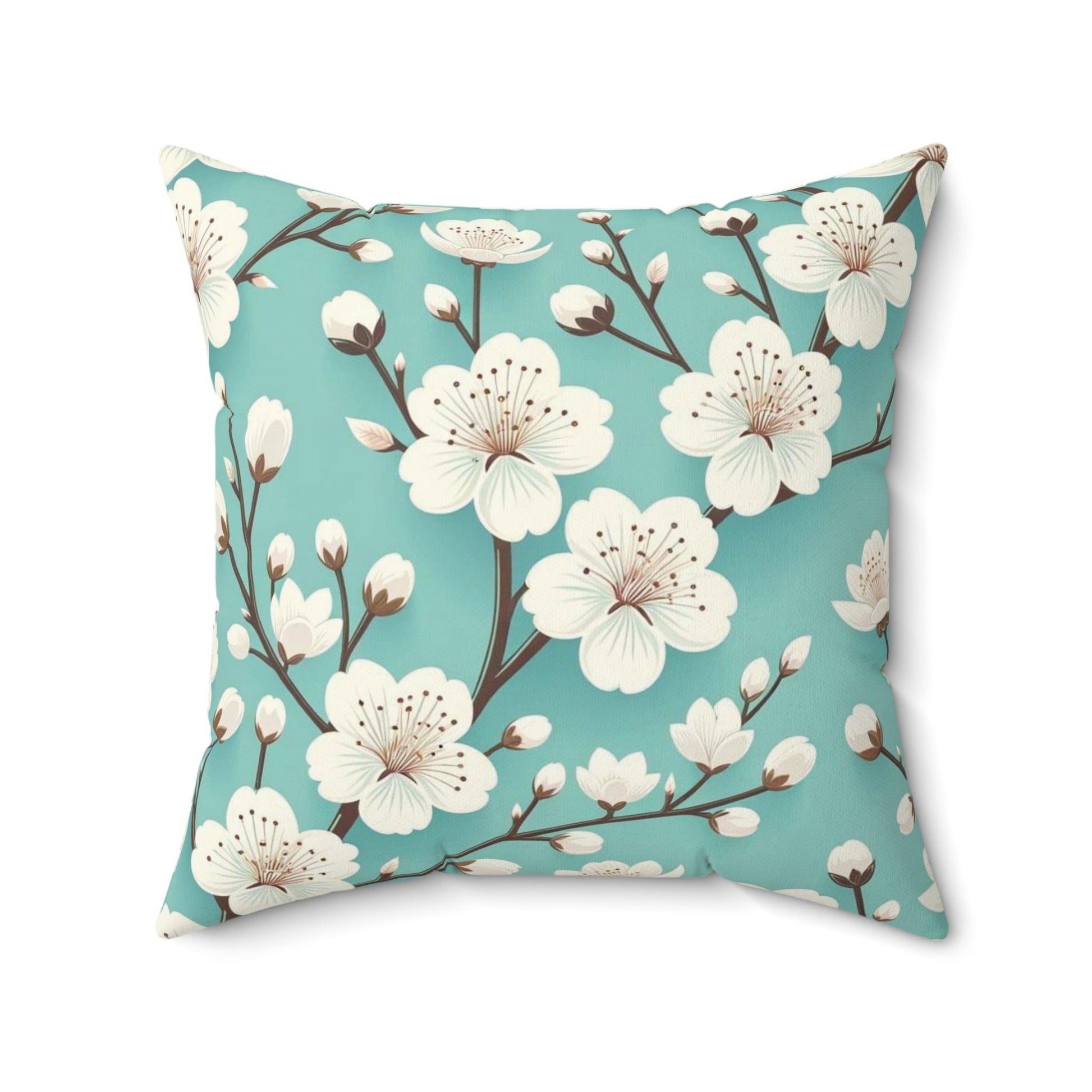 Serene White Cherry Blossom & Turquoise Square Pillow Perfect Modern Home Decor Accent | Soft, Durable Stylish Living Room, Bedroom or Housewarming Gift New House, Bridal Shower Gift - MRSBYVALLE