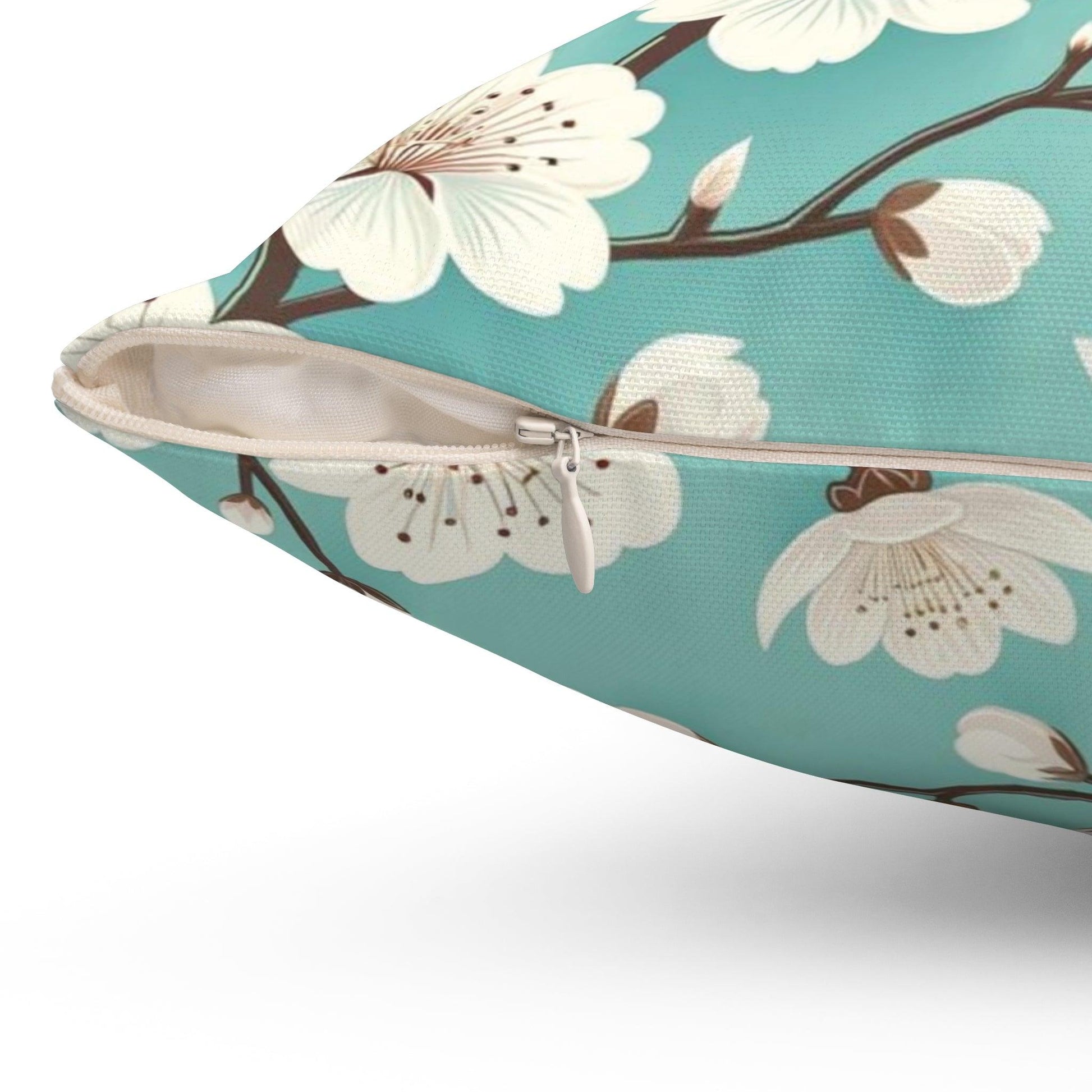 Serene White Cherry Blossom & Turquoise Square Pillow Perfect Modern Home Decor Accent | Soft, Durable Stylish Living Room, Bedroom or Housewarming Gift New House, Bridal Shower Gift - MRSBYVALLE