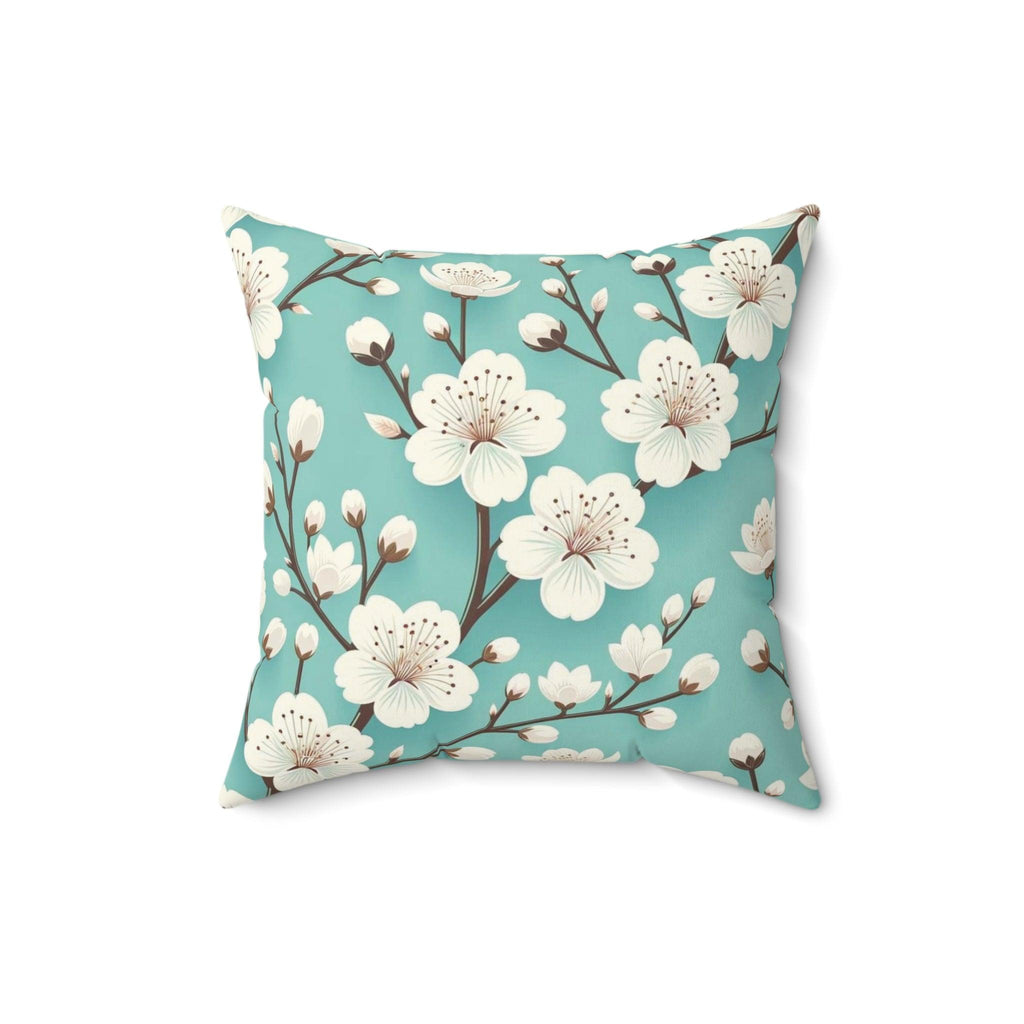 Serene White Cherry Blossom & Turquoise Square Pillow Perfect Modern Home Decor Accent | Soft, Durable Stylish Living Room, Bedroom or Housewarming Gift New House, Bridal Shower Gift - MRSBYVALLE
