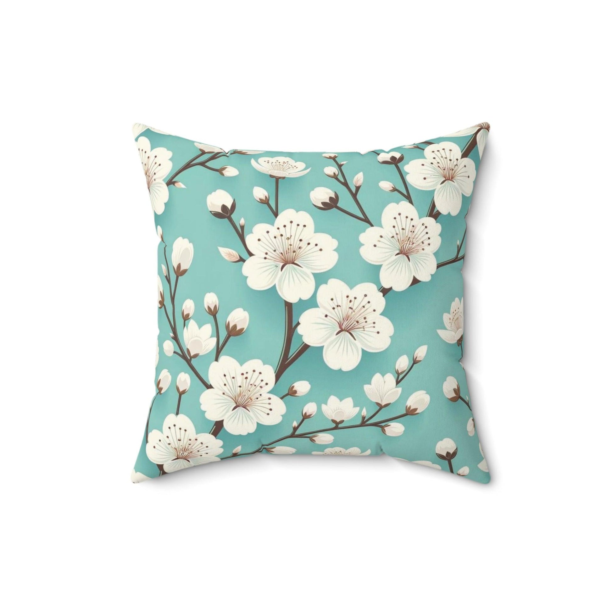 Serene White Cherry Blossom & Turquoise Square Pillow Perfect Modern Home Decor Accent | Soft, Durable Stylish Living Room, Bedroom or Housewarming Gift New House, Bridal Shower Gift - MRSBYVALLE