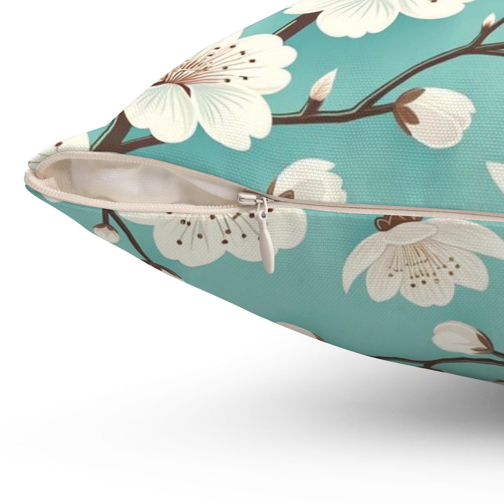 Serene White Cherry Blossom & Turquoise Square Pillow Perfect Modern Home Decor Accent | Soft, Durable Stylish Living Room, Bedroom or Housewarming Gift New House, Bridal Shower Gift - MRSBYVALLE