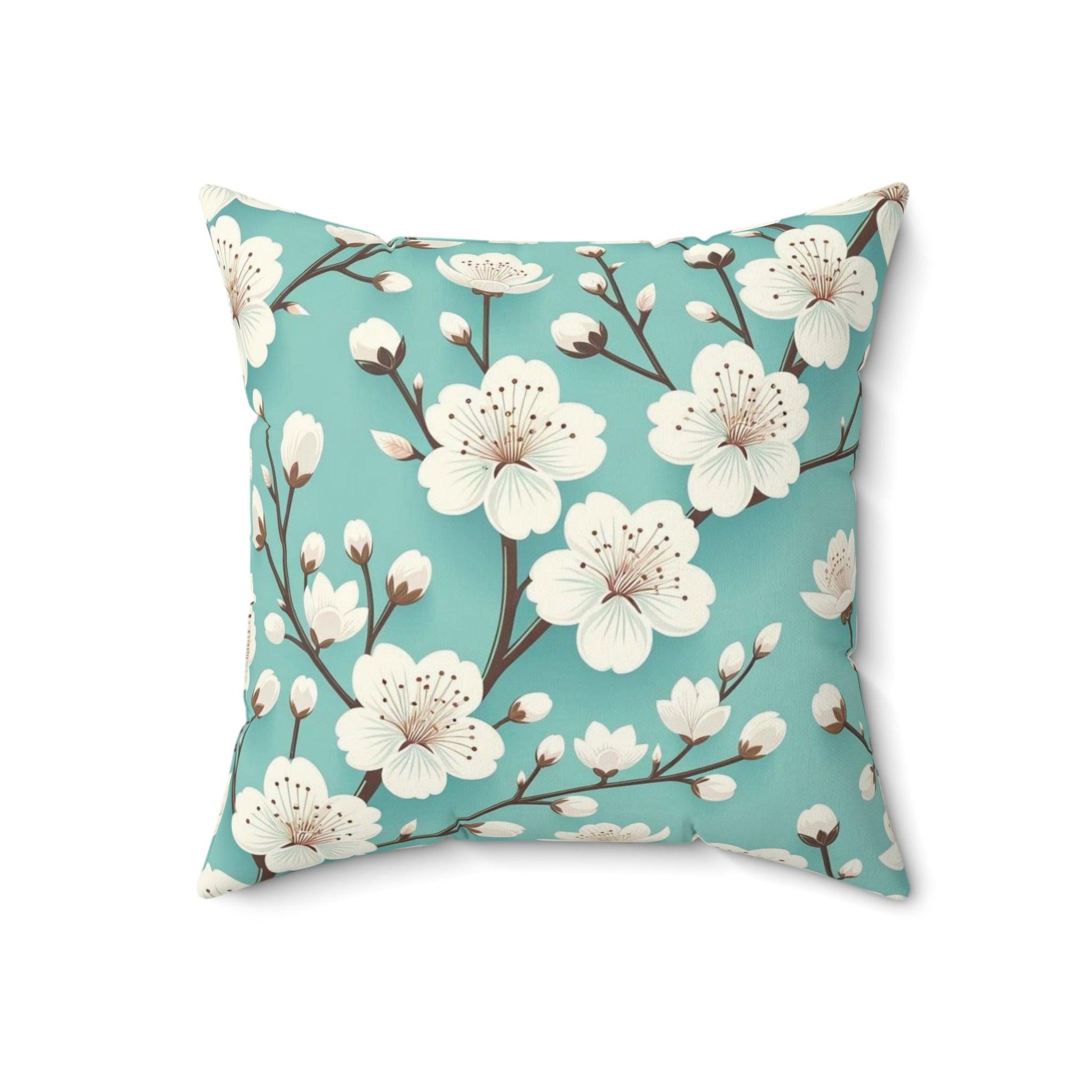 Serene White Cherry Blossom & Turquoise Square Pillow Perfect Modern Home Decor Accent | Soft, Durable Stylish Living Room, Bedroom or Housewarming Gift New House, Bridal Shower Gift - MRSBYVALLE