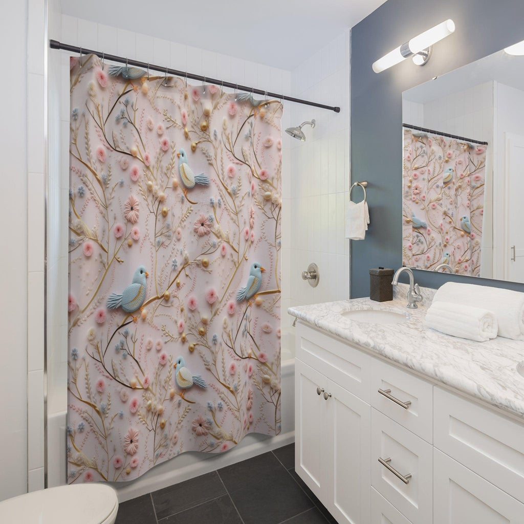 Shower Curtain Enchanting 3D Faux Embroidery Birds and Flowers 71x74, Modern Bathroom Decor Bathroom Decor Housewarming New House Gift Newlywed - MRSBYVALLE