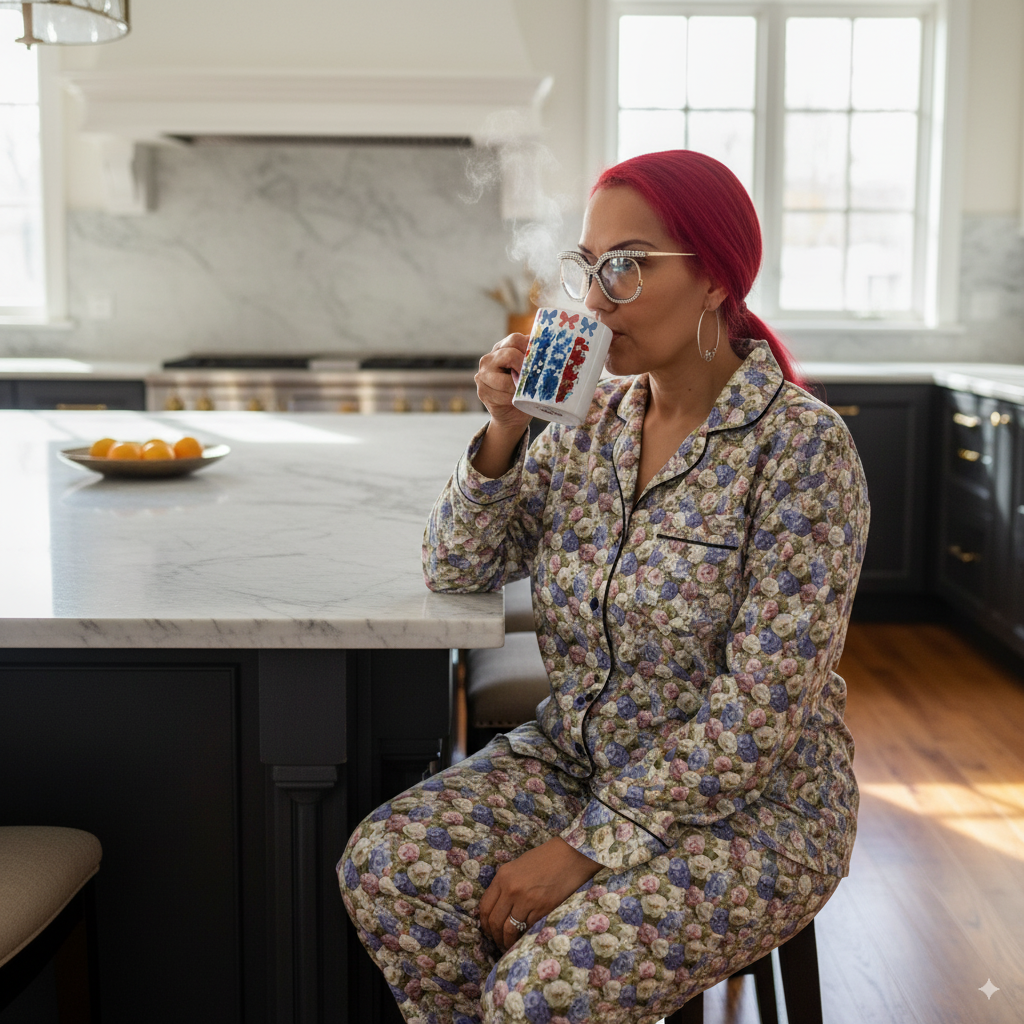 Woman in floral pajamas drinking from a mug in a kitchen