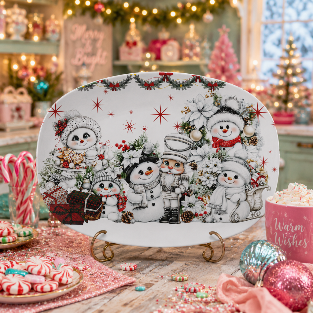 A holiday-themed ceramic serving platter displayed on a stand in a festive Christmas setting. The white platter features a black-and-white illustration of several snowmen surrounded by red berries, green garlands, pinecones, and gifts, with red starburst accents.