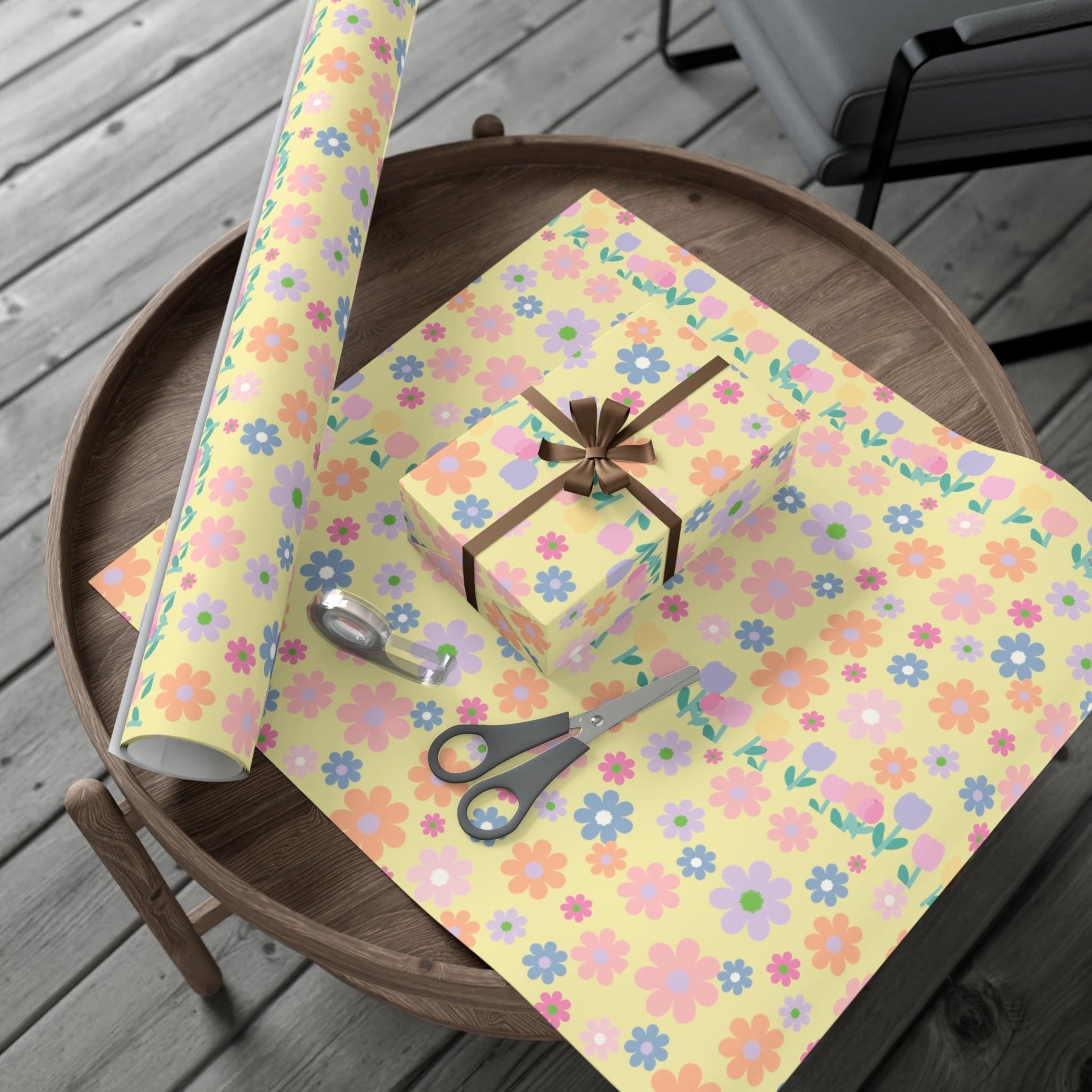 Soft Pink, Peach, Purple, and Green Floral Designs on Pastel Yellow Wrapping Paper Perfect for Elegant Gifts & Spring Celebrations Bridal Showers - MRSBYVALLE
