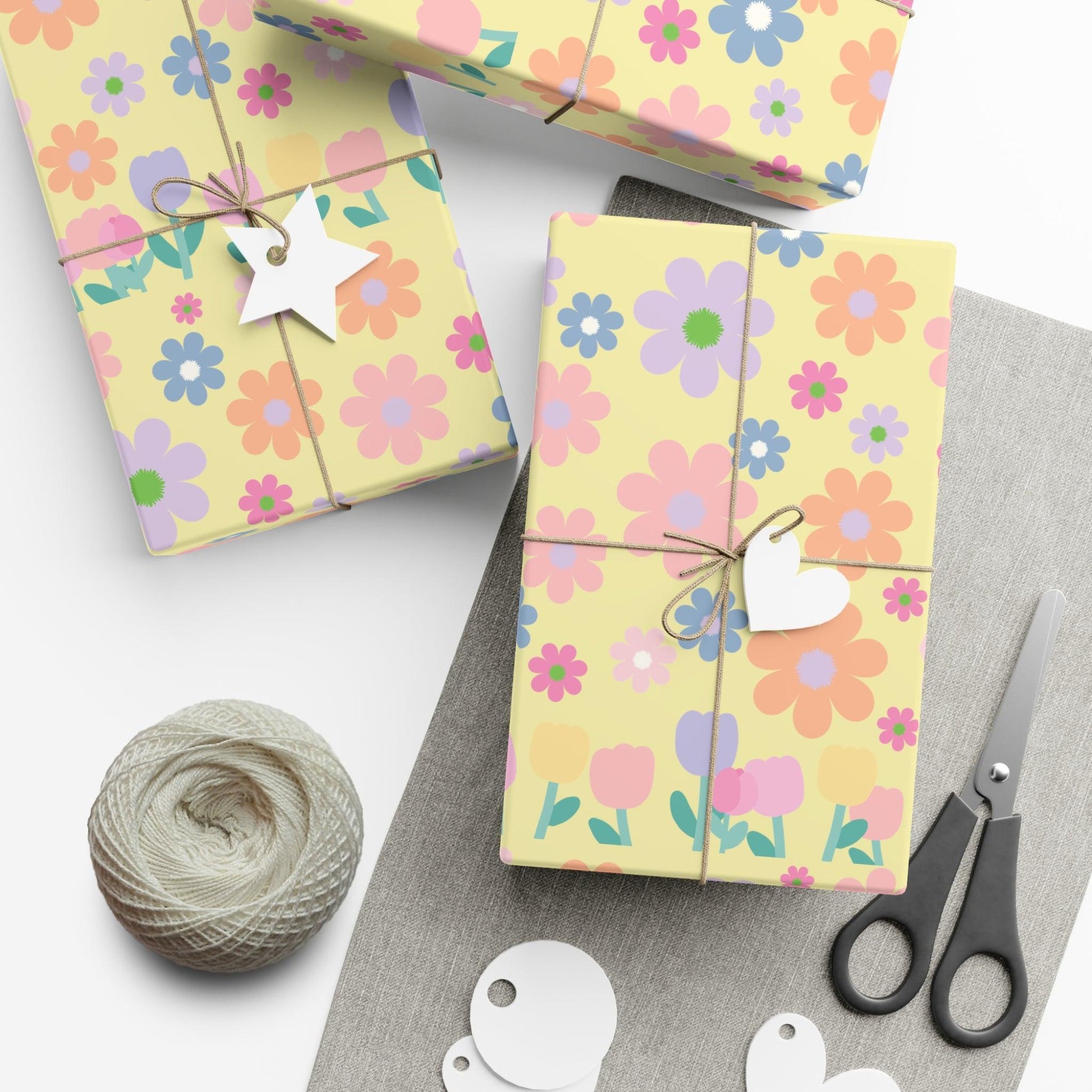 Soft Pink, Peach, Purple, and Green Floral Designs on Pastel Yellow Wrapping Paper Perfect for Elegant Gifts & Spring Celebrations Bridal Showers - MRSBYVALLE