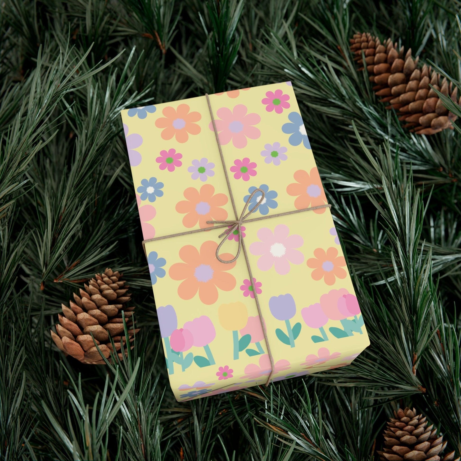Soft Pink, Peach, Purple, and Green Floral Designs on Pastel Yellow Wrapping Paper Perfect for Elegant Gifts & Spring Celebrations Bridal Showers - MRSBYVALLE