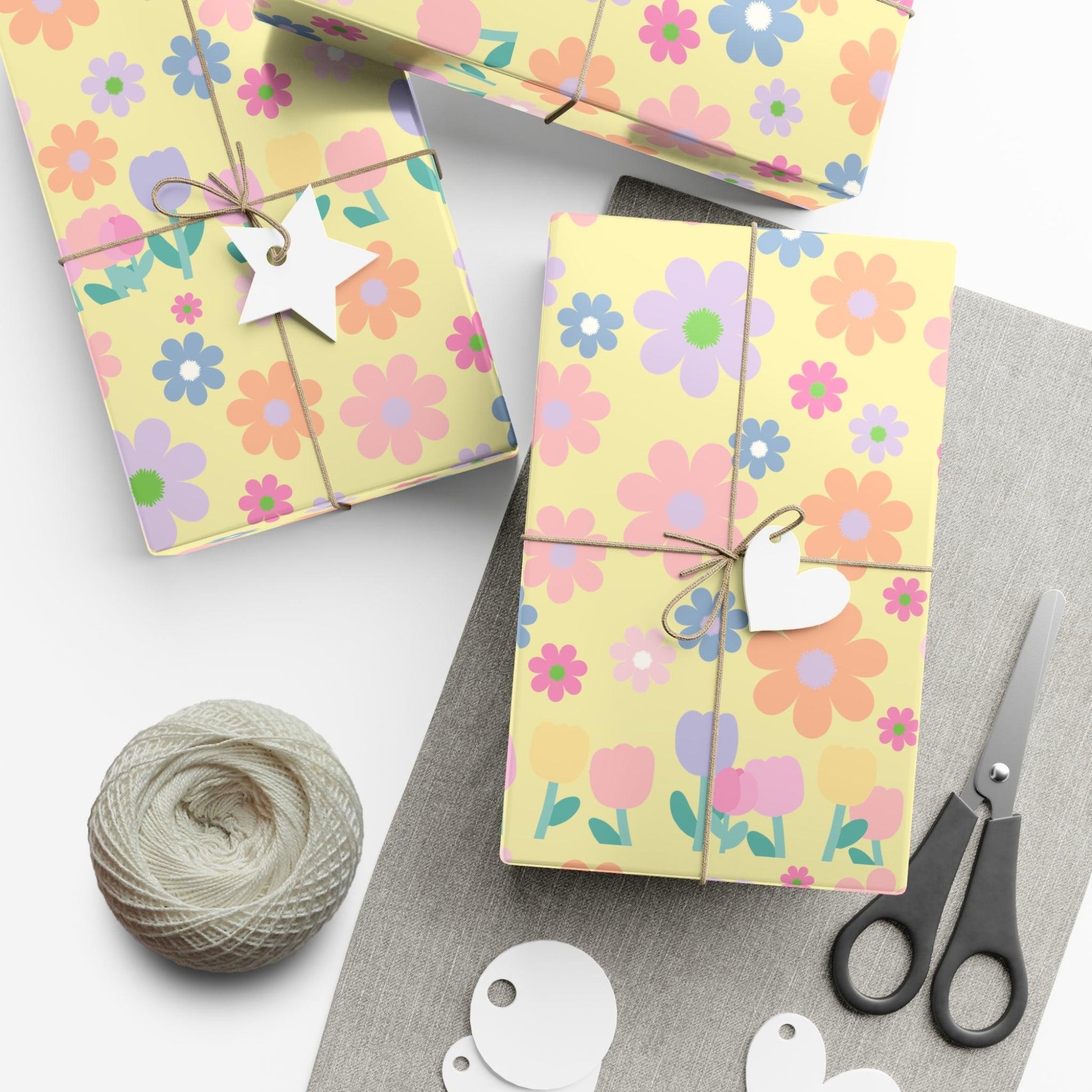 Soft Pink, Peach, Purple, and Green Floral Designs on Pastel Yellow Wrapping Paper Perfect for Elegant Gifts & Spring Celebrations Bridal Showers - MRSBYVALLE