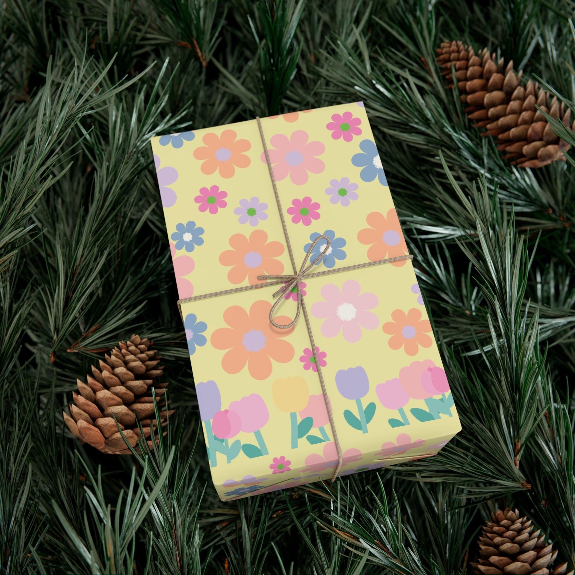 Soft Pink, Peach, Purple, and Green Floral Designs on Pastel Yellow Wrapping Paper Perfect for Elegant Gifts & Spring Celebrations Bridal Showers - MRSBYVALLE