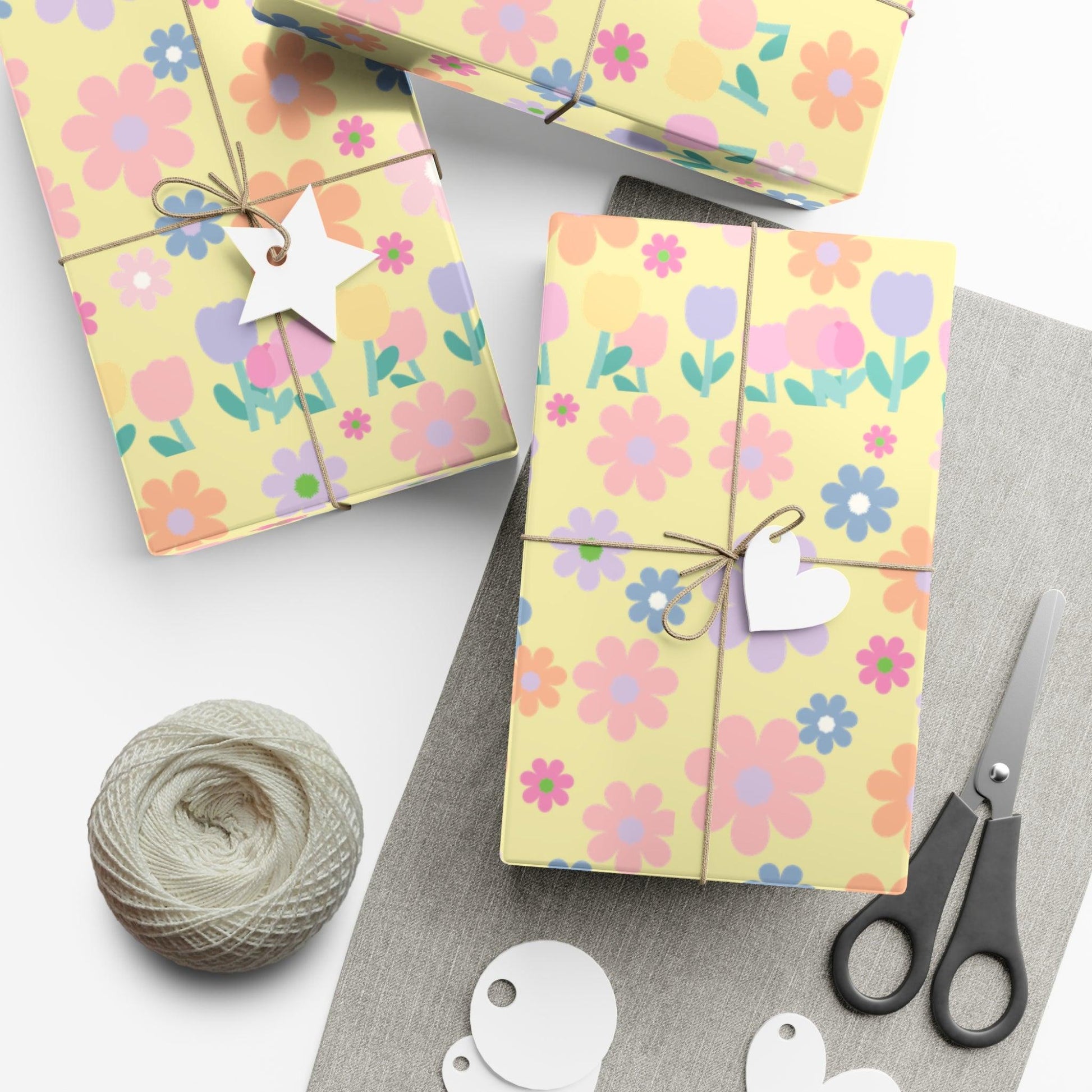 Soft Pink, Peach, Purple, and Green Floral Designs on Pastel Yellow Wrapping Paper Perfect for Elegant Gifts & Spring Celebrations Bridal Showers - MRSBYVALLE