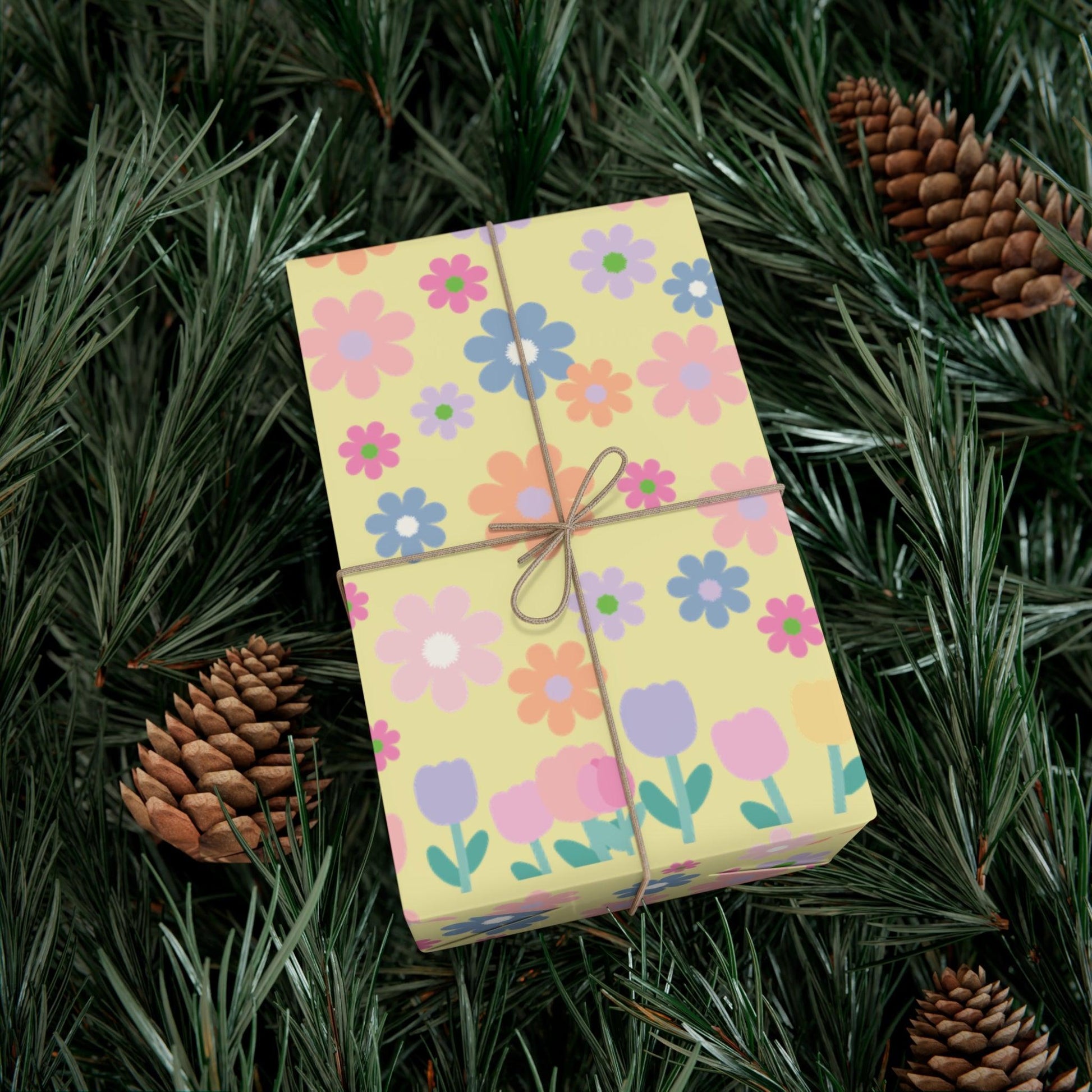 Soft Pink, Peach, Purple, and Green Floral Designs on Pastel Yellow Wrapping Paper Perfect for Elegant Gifts & Spring Celebrations Bridal Showers - MRSBYVALLE