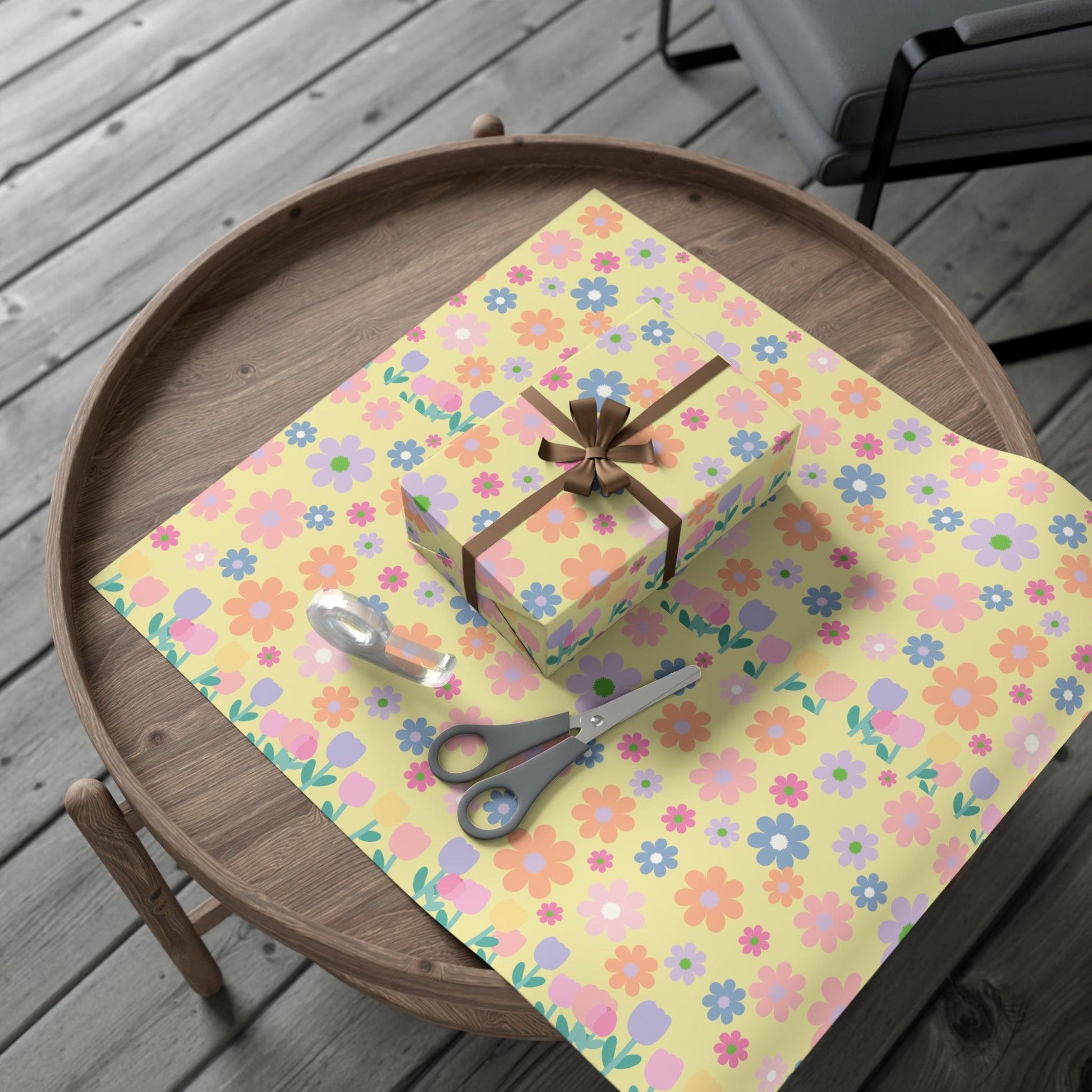 Soft Pink, Peach, Purple, and Green Floral Designs on Pastel Yellow Wrapping Paper Perfect for Elegant Gifts & Spring Celebrations Bridal Showers - MRSBYVALLE