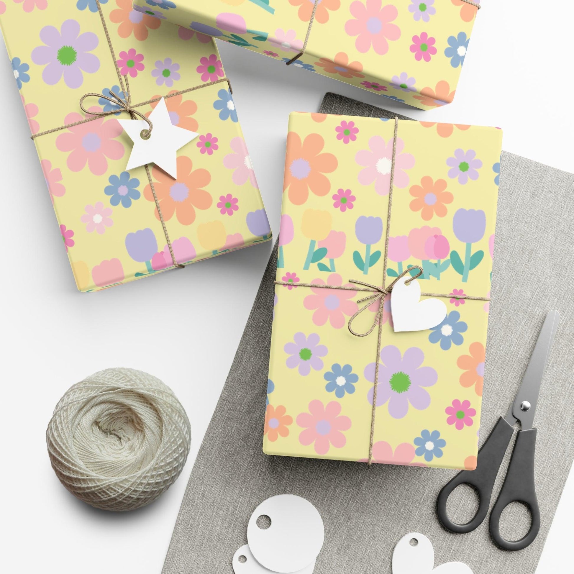 Soft Pink, Peach, Purple, and Green Floral Designs on Pastel Yellow Wrapping Paper Perfect for Elegant Gifts & Spring Celebrations Bridal Showers - MRSBYVALLE