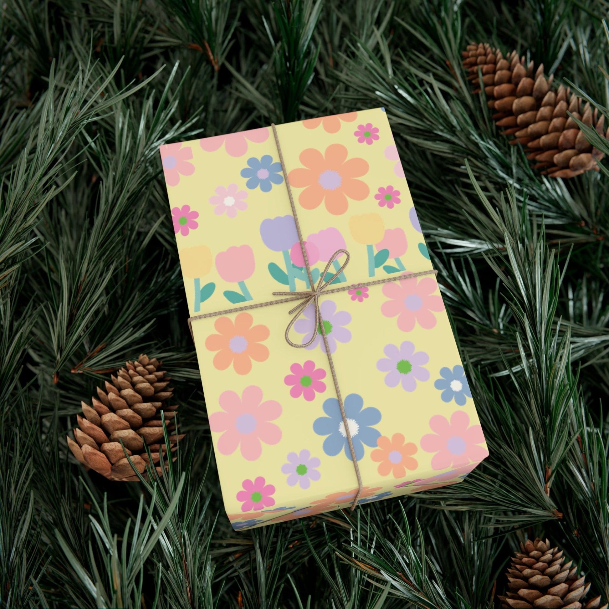 Soft Pink, Peach, Purple, and Green Floral Designs on Pastel Yellow Wrapping Paper Perfect for Elegant Gifts & Spring Celebrations Bridal Showers - MRSBYVALLE