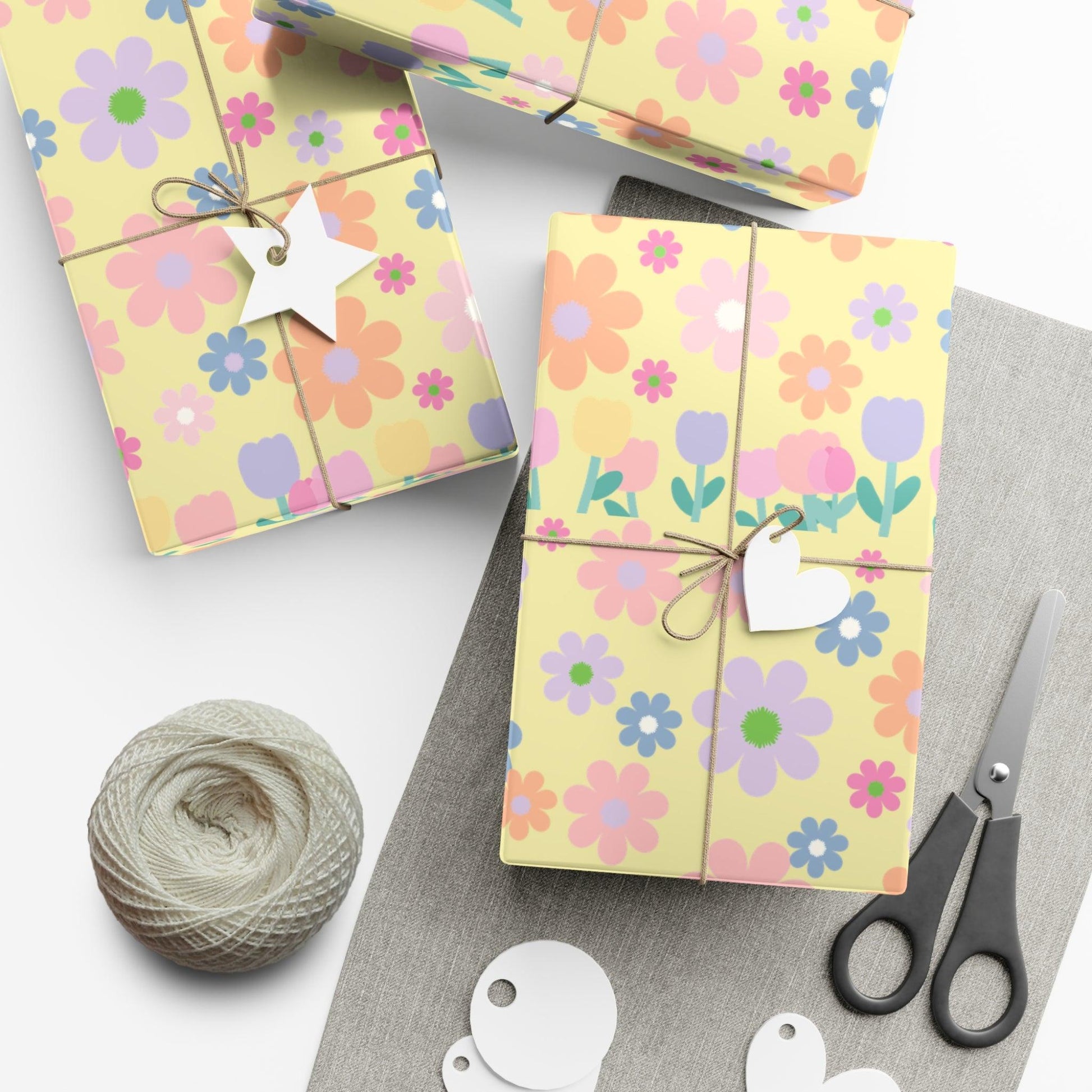 Soft Pink, Peach, Purple, and Green Floral Designs on Pastel Yellow Wrapping Paper Perfect for Elegant Gifts & Spring Celebrations Bridal Showers - MRSBYVALLE