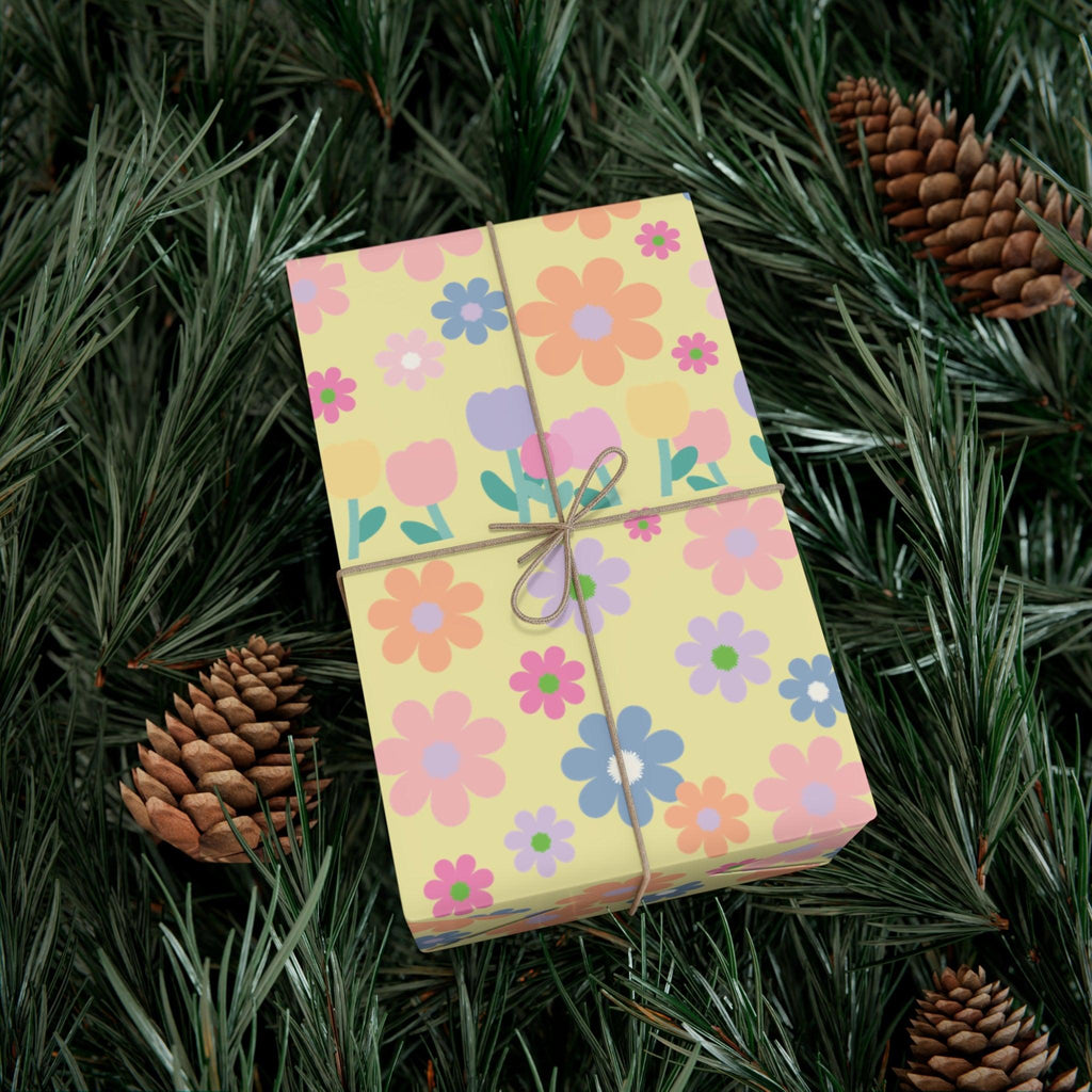 Soft Pink, Peach, Purple, and Green Floral Designs on Pastel Yellow Wrapping Paper Perfect for Elegant Gifts & Spring Celebrations Bridal Showers - MRSBYVALLE
