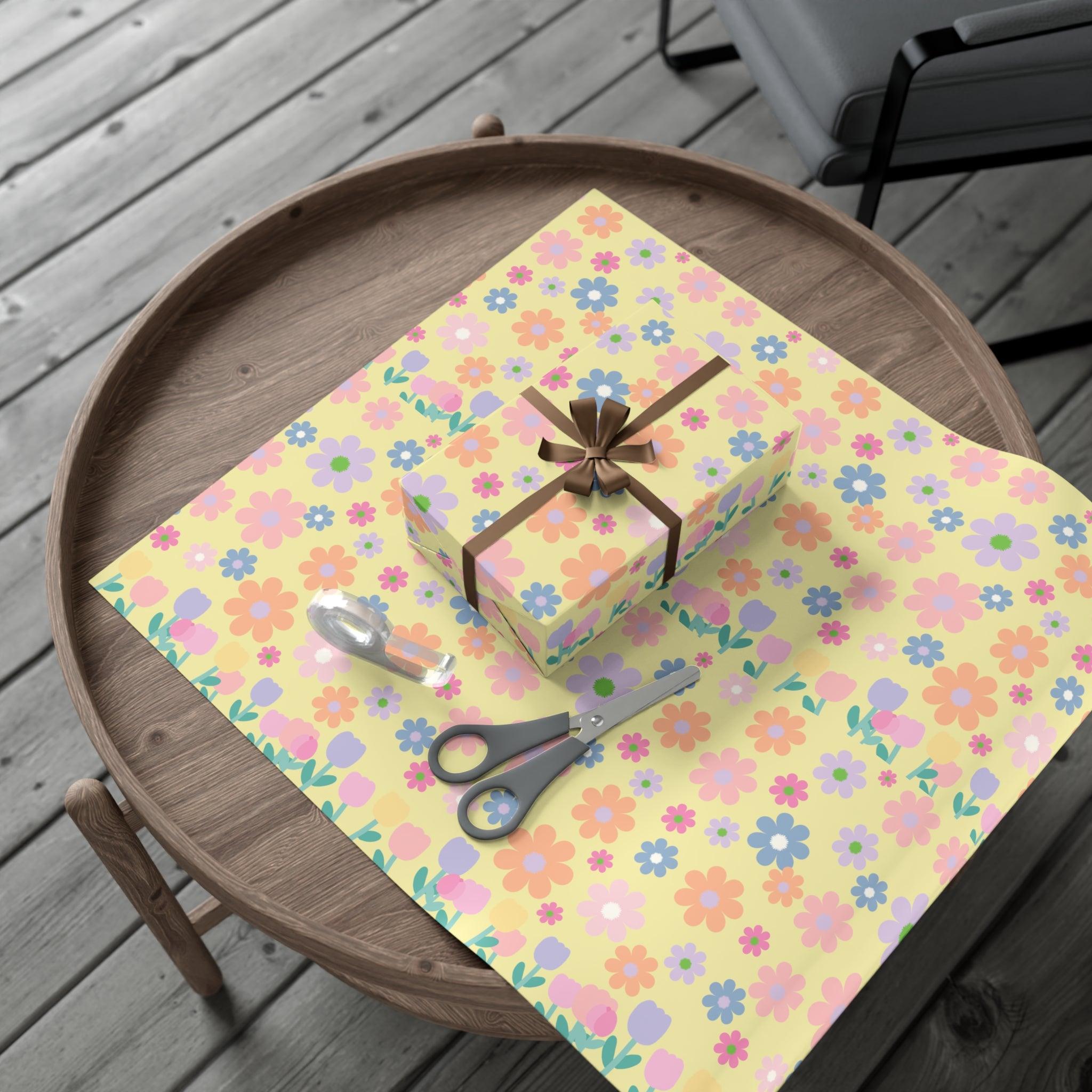 Soft Pink, Peach, Purple, and Green Floral Designs on Pastel Yellow Wrapping Paper Perfect for Elegant Gifts & Spring Celebrations Bridal Showers - MRSBYVALLE