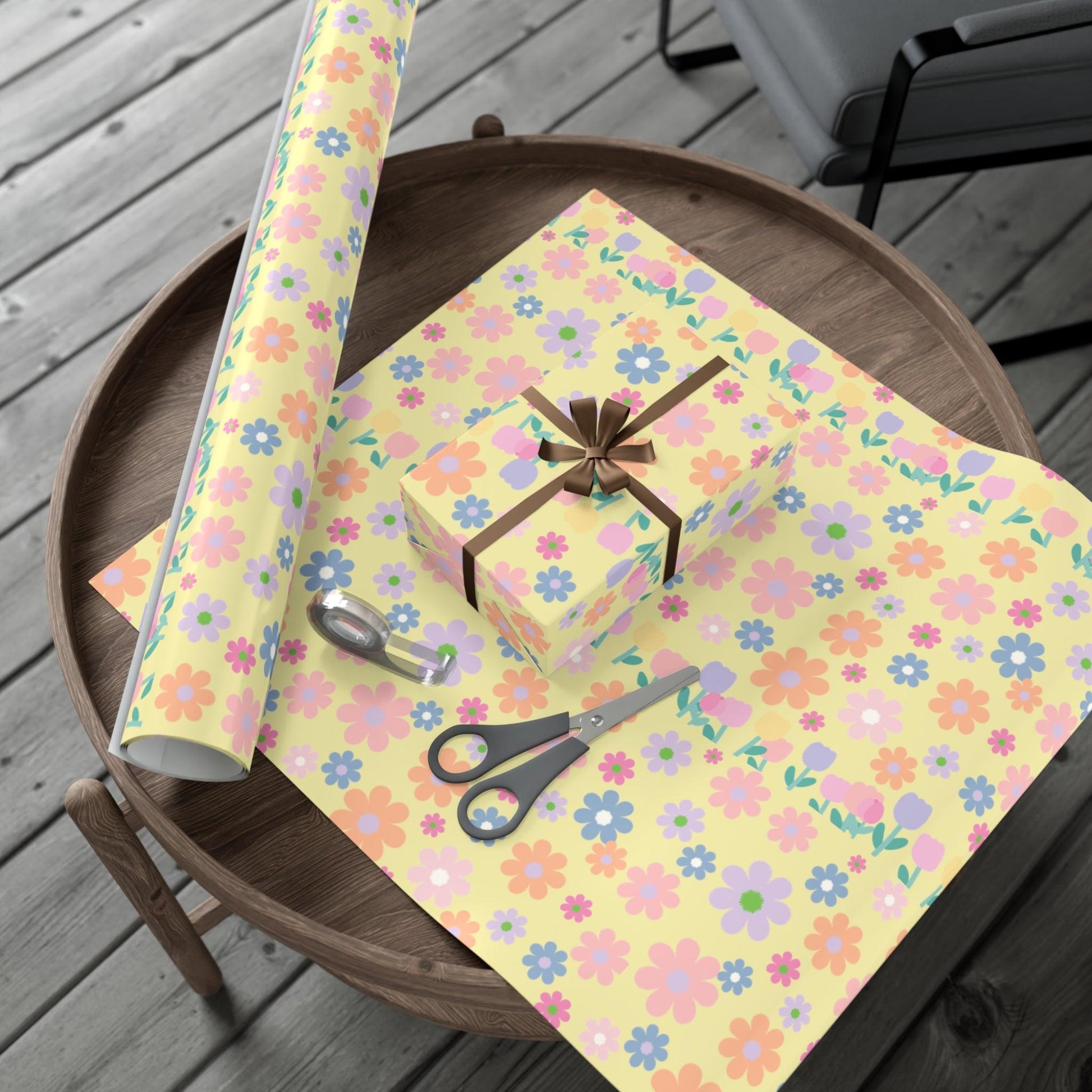 Soft Pink, Peach, Purple, and Green Floral Designs on Pastel Yellow Wrapping Paper Perfect for Elegant Gifts & Spring Celebrations Bridal Showers - MRSBYVALLE