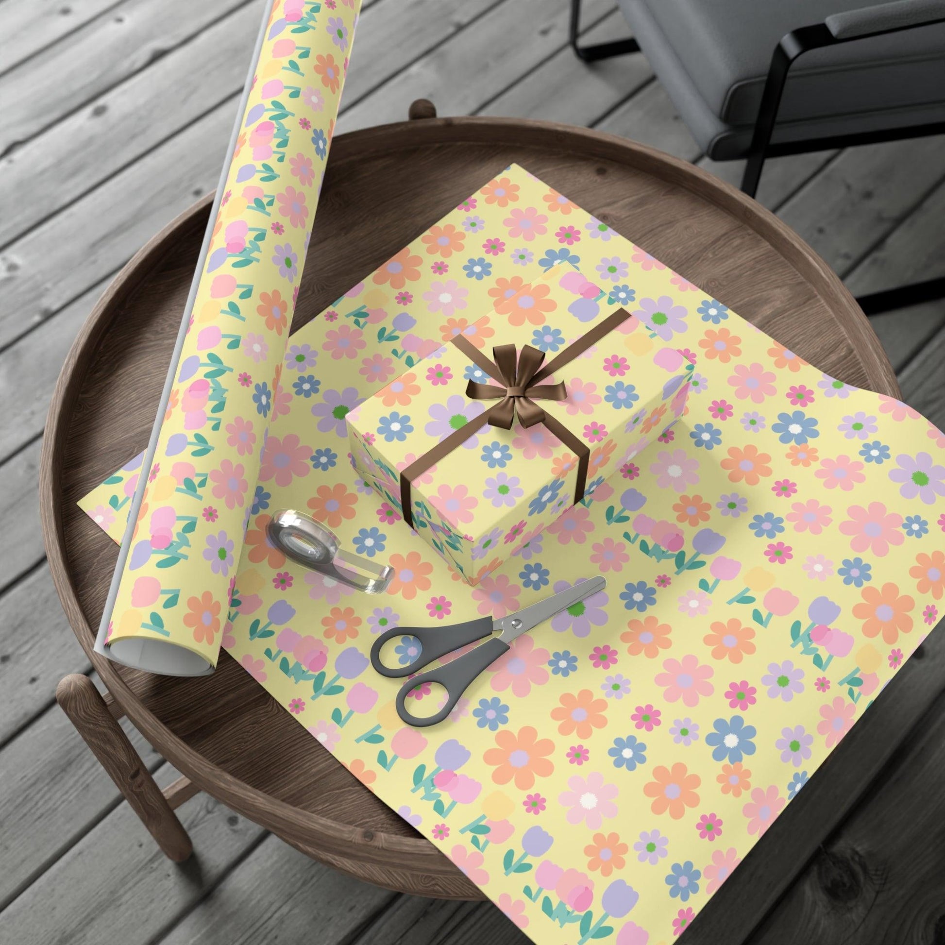 Soft Pink, Peach, Purple, and Green Floral Designs on Pastel Yellow Wrapping Paper Perfect for Elegant Gifts & Spring Celebrations Bridal Showers - MRSBYVALLE